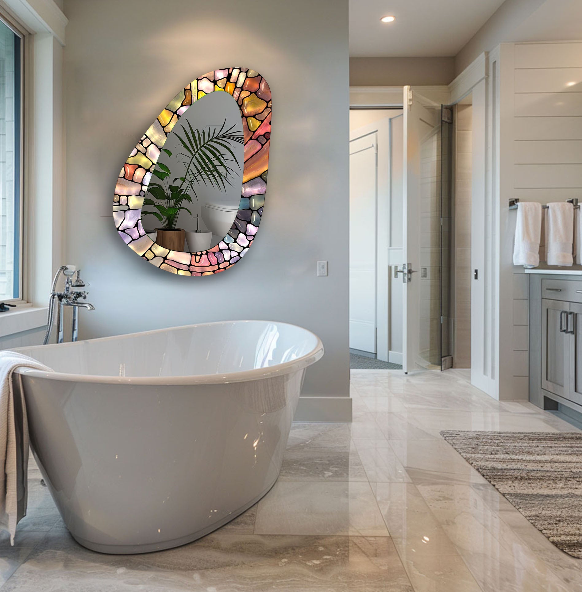 Modern Color Abstract Wall Mirror - Decorative Round Mirror for Living Room, Bedroom & Bathroom - Unique Home Decor Accent Piece
