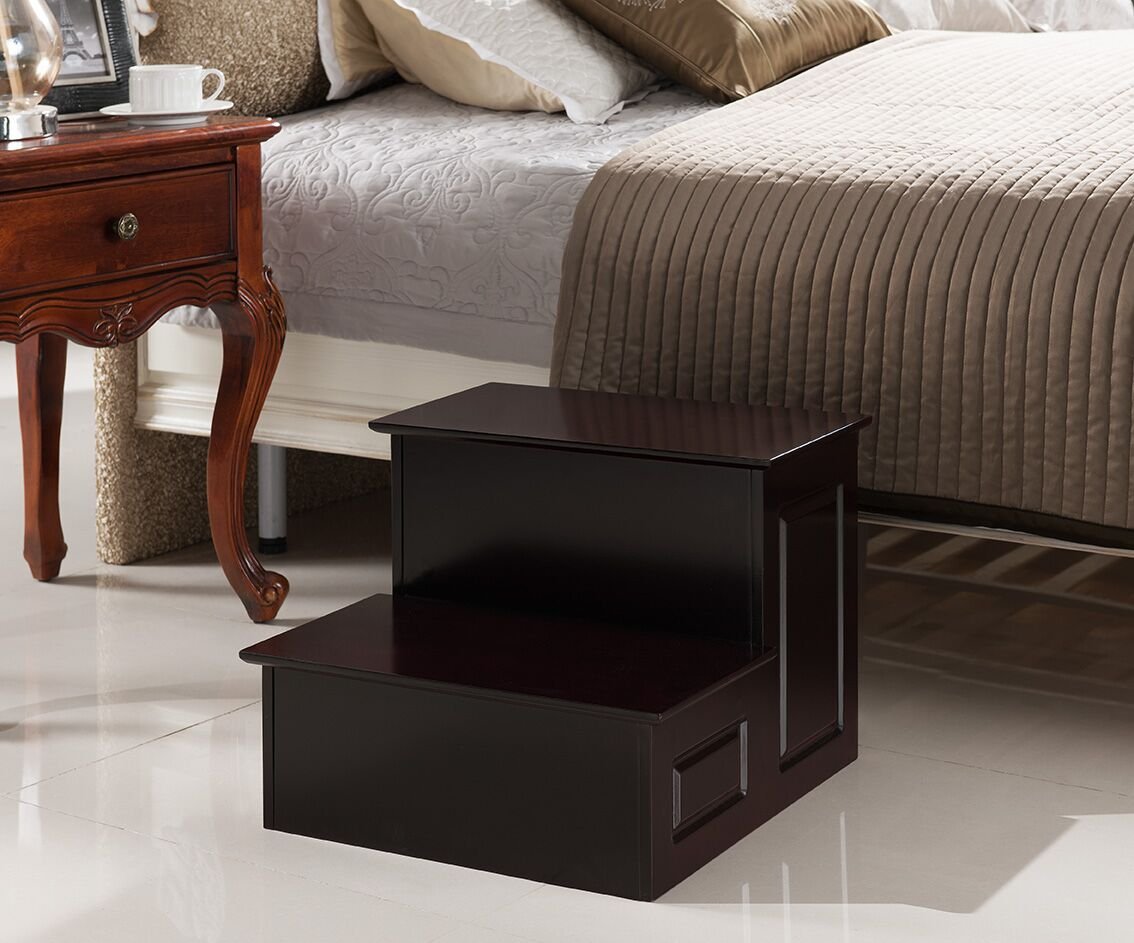 Kings Brand Furniture - Danial Large Wooden Step Stool for Bedroom, Cherry Finish | Perfect for Kids, Elderly & Home Organization