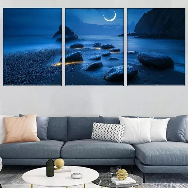 3-Piece Tranquil Ocean Shore with Crescent Moon Wall Art Set - Framed Canvas 40x60cm | High Quality Print | 100% Australian Made | Ready to Hang | Perfect for Living Room, Bedroom & Office Decor