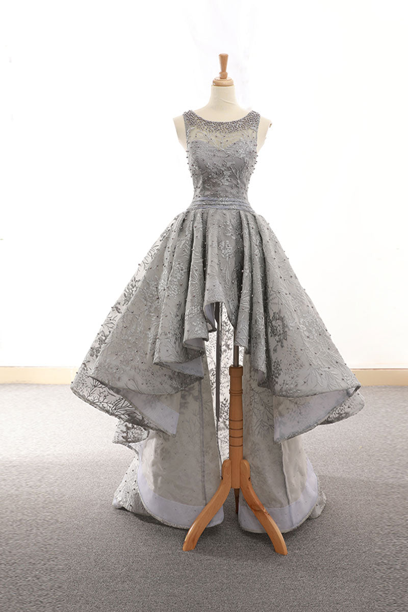 Elegant Gray Tulle Lace High-Low Prom Dress for Women - Perfect for Homecoming, Formal Dances & Special Occasions