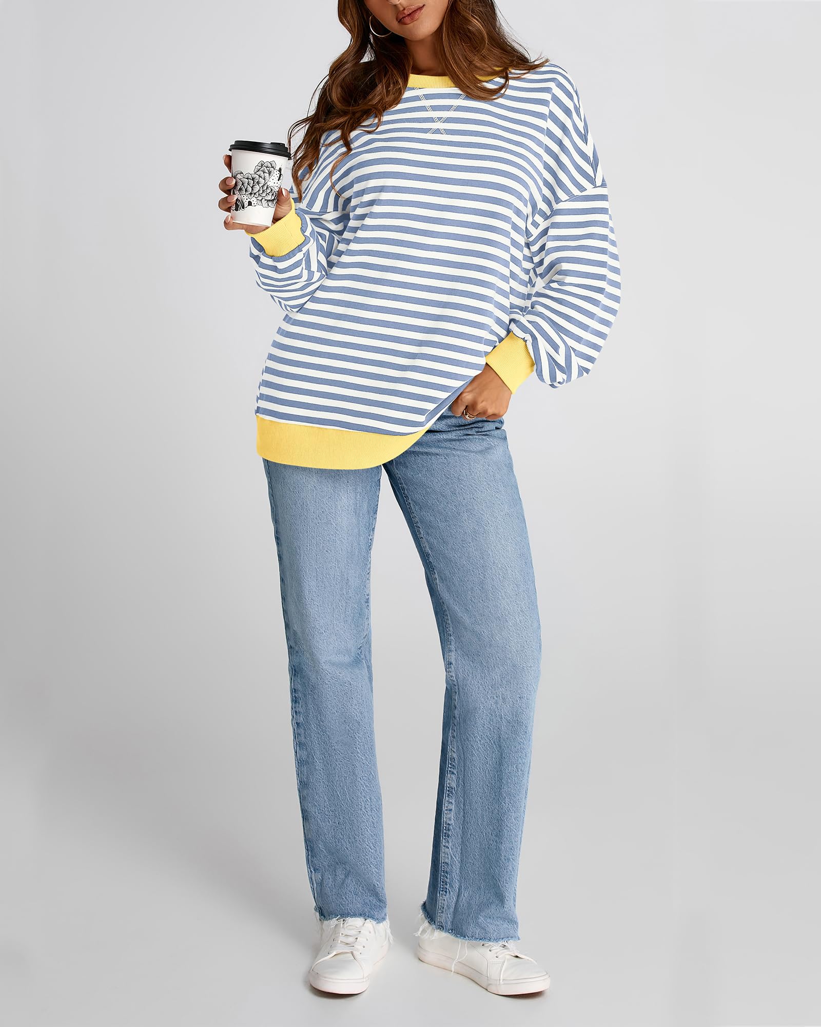 BTFBM Women's Striped Pullover Sweatshirt - Soft Long Sleeve Crewneck Y2K Loose Fit Fall Tops 2025 | Trendy Casual Outfits for Autumn, Streetwear & Cozy Loungewear