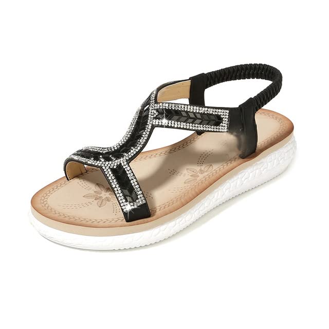 JrenBox Women's Bohemia Sandals - Comfortable Beach Walking Shoes with Thick Sole & Crystal Decor - Summer Casual Footwear for Women (Black, Size 10) | Perfect for Beach Vacations, Poolside Lounging & Summer Outfits