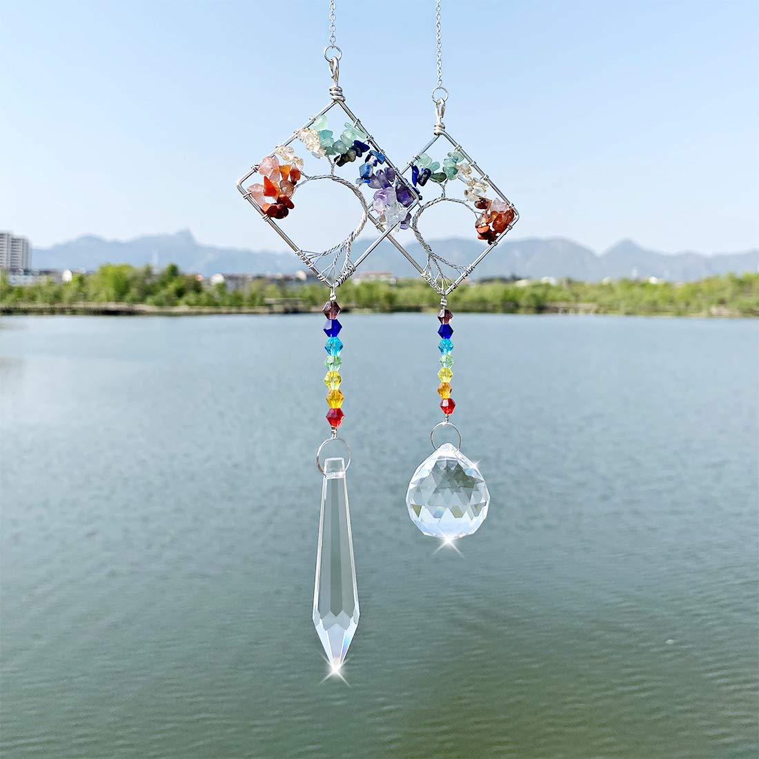 LONGSHENG Chakra Stone Life Tree Suncatcher Set of 2 - Handmade Crystal Glass Ornament for Home Decor, Rainbow Maker & Feng Shui Gift | Perfect for Meditation Rooms, Yoga Studios & Spiritual Spaces (Since 2001)