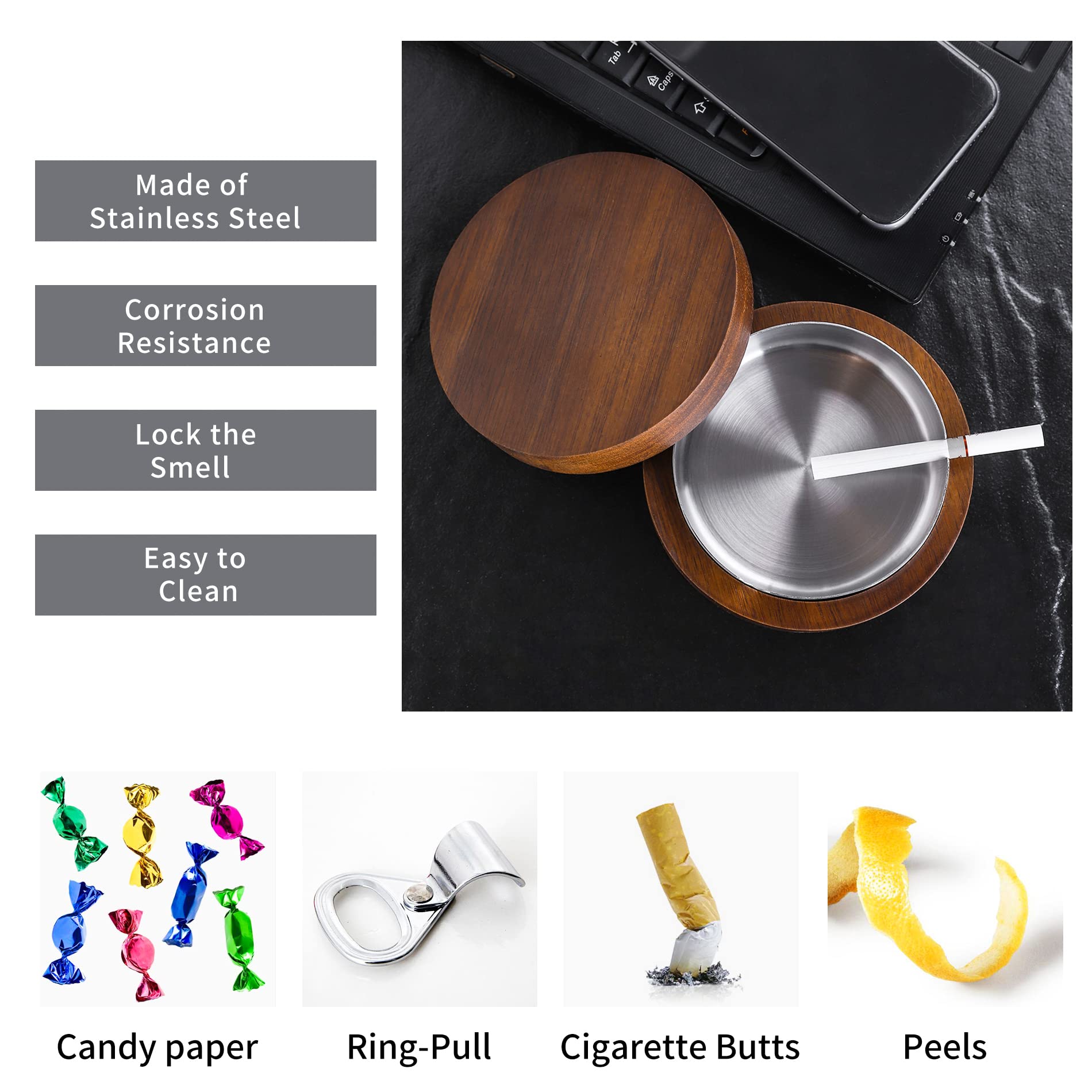 Premium Wooden Ashtray with Lid & Stainless Steel Liner - Windproof, Durable & Easy to Clean Smoking Accessory for Indoor/Outdoor Use - Perfect for Home, Office, Patio, Camping & Travel