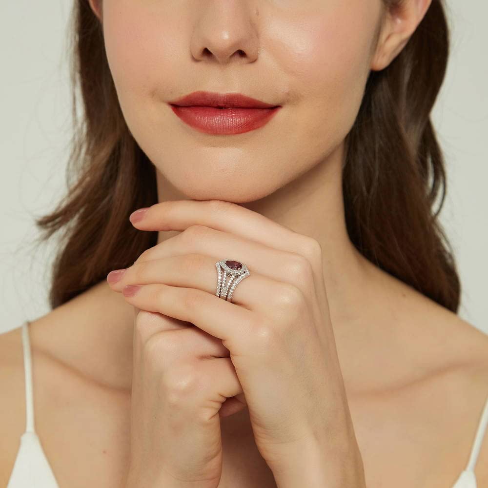 BERRICLE Sterling Silver Halo Wedding Engagement Ring Set for Women - Red Pear Cut Cubic Zirconia CZ Wishbone Split Shank, Rhodium Plated Size 4-10 | Elegant Bridal Jewelry for Proposals, Anniversaries & Special Occasions