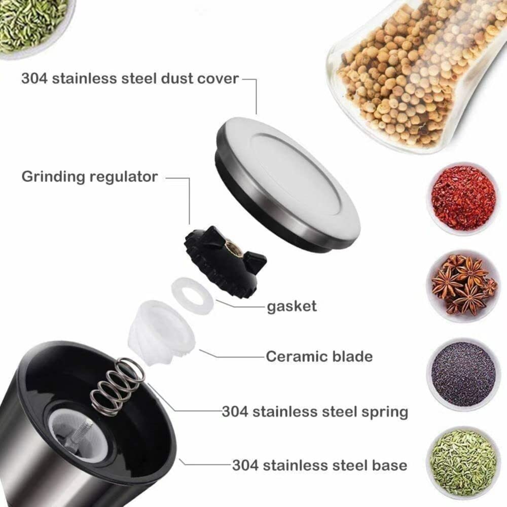 Premium 6OZ Stainless Steel Salt and Pepper Grinder Set - Adjustable Coarseness & Refillable Spice Mill with Sharp Ceramic Blades - Professional Chef Kitchen Tools with Free Wooden Spoon - Perfect for Cooking, Baking & Tabletop Seasoning
