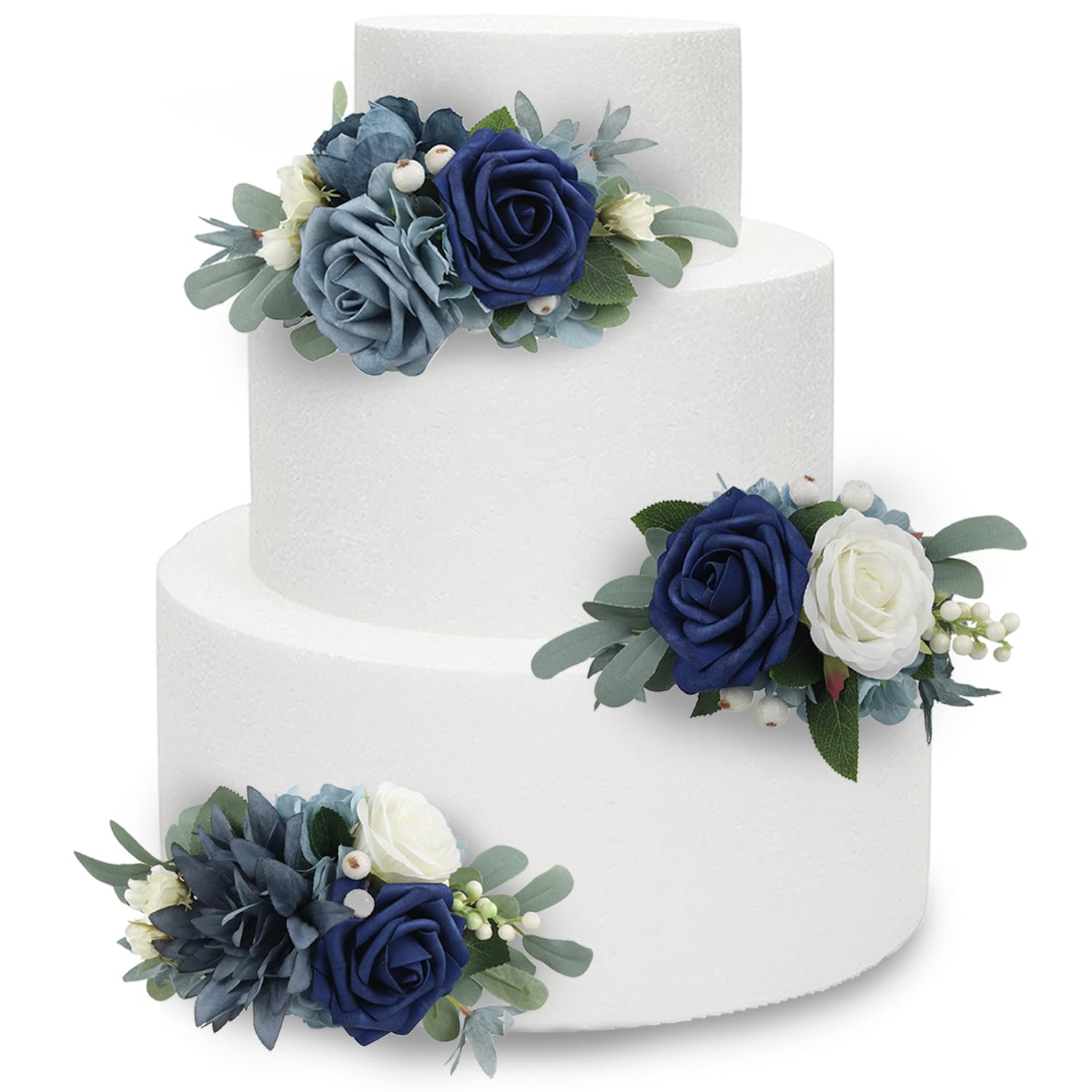 Rinlong 3Pcs Navy Blue Pre-made Cake Toppers - Edible Flower Cake Decorations for Wedding, Birthday, Baptism Party & Special Occasions | Perfect for DIY Cake Decorating & Dessert Presentation