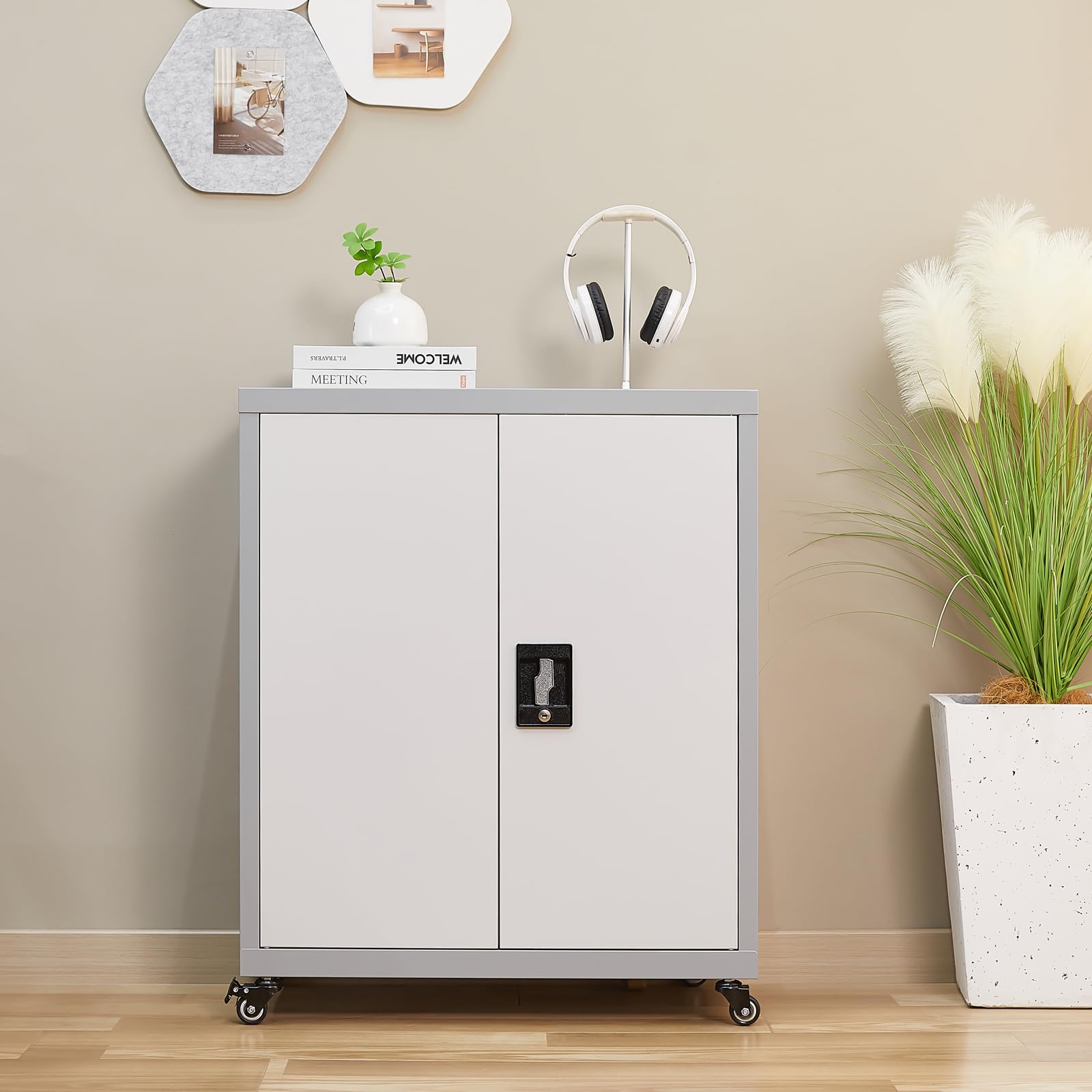 Lockable Metal Storage Cabinet with Adjustable Shelves & Wheels - Heavy Duty Garage Organizer for Home, Office, Kitchen & Living Room - Space Saving Grey Steel Cabinet for Tools, Supplies & Household Items