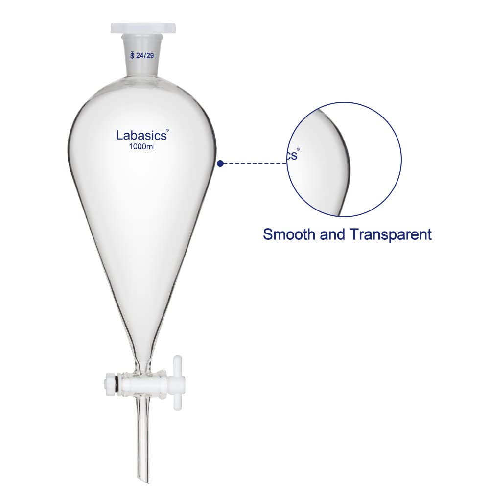 Labasics 1000ml Heavy Wall Borosilicate Glass Conical Separatory Funnel with 24/29 Joints & PTFE Stopcock - Ideal for Chemistry Labs, Liquid Extraction, and Solvent Separation
