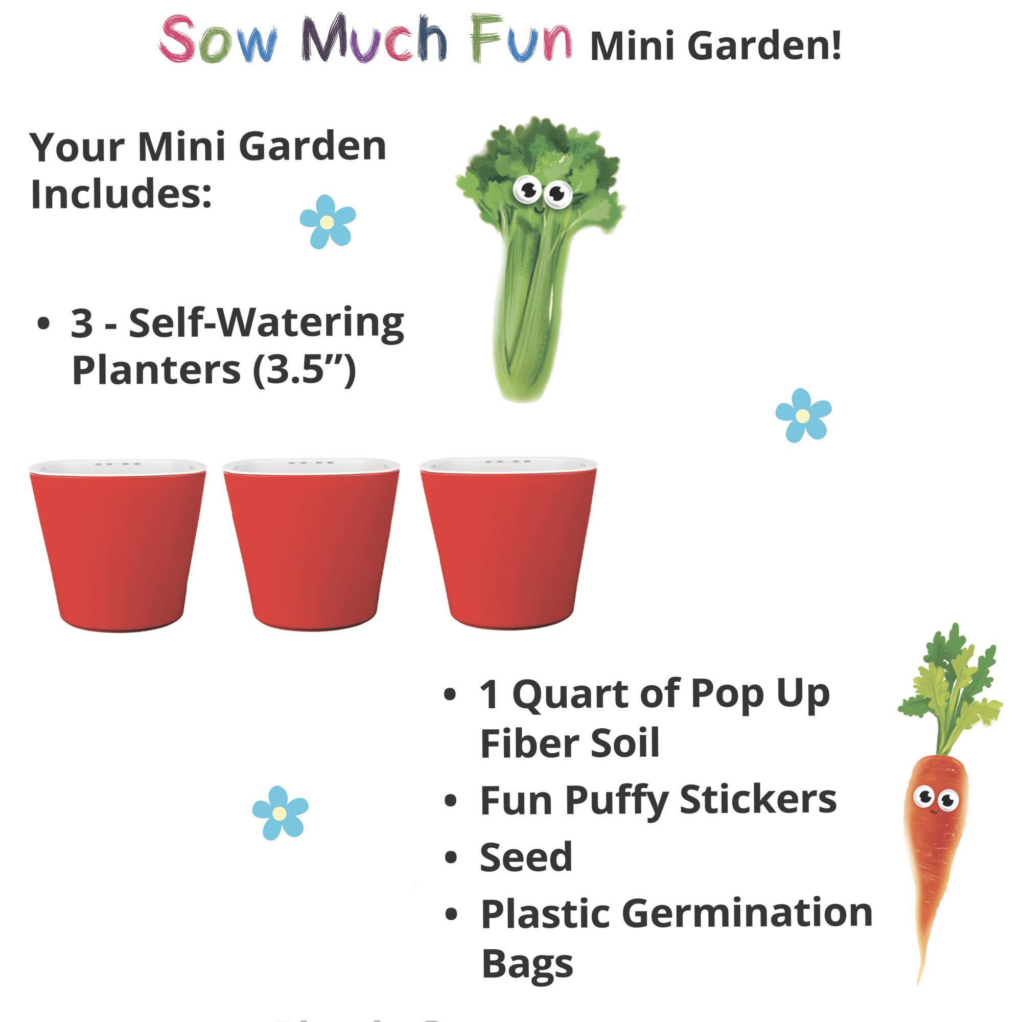 Window Garden Sow Much Fun Kids Seed Starting Kit - 3 Self-Watering Planters with Soil, Broccoli Seeds & Puffy Stickers | Easy No-Mess Vegetable Growing Kit for Children | Perfect for Indoor Gardening, STEM Learning & Family Bonding Activities