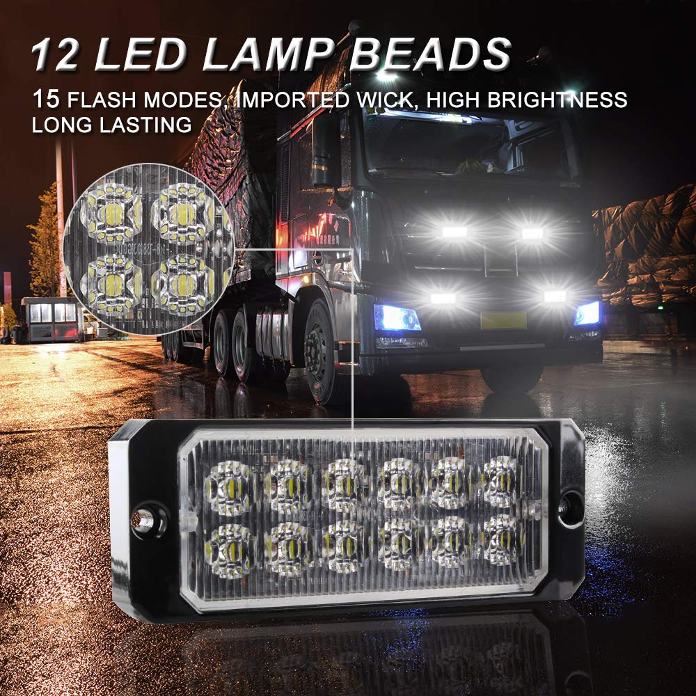 Sidaqi 12-24V White LED Emergency Strobe Light Bar - 12 LED Surface Mount Warning Flash Light for Cars, Trucks & Vehicles - Multiple Strobe Modes - Ideal for Police, Emergency & Roadside Safety Use