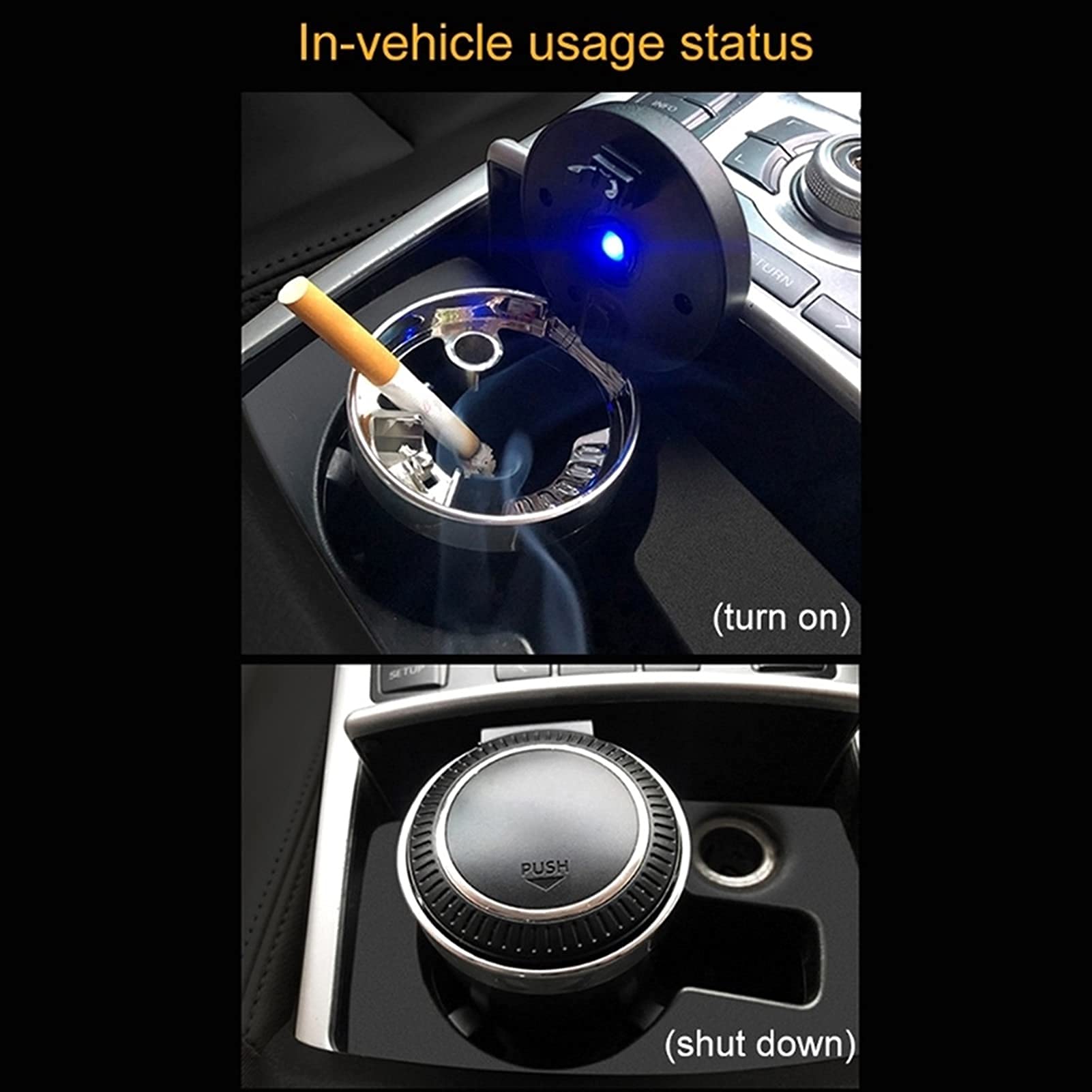 Smokeless Fireproof Car Ashtray with Blue LED Light - Detachable Mini Cigar Ashtray for Cup Holder | Plastic Ashtray for Car, Home & Office Use (Black) | Perfect for Smokers Traveling, Working or Relaxing