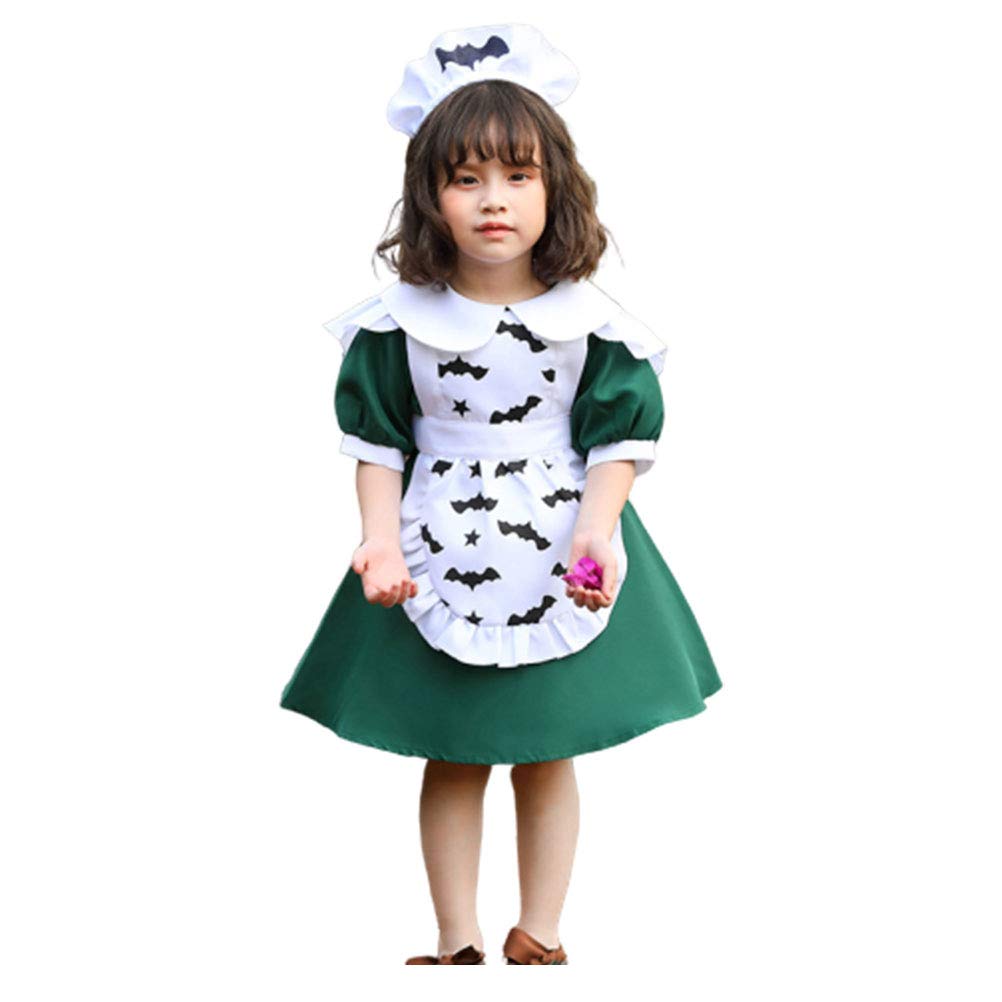Halloween Kids Maid Costume - Bat Pattern Print Green Dress for Girls Role Play & Cosplay | Perfect for Halloween Parties, Trick or Treating & Dress-Up Fun
