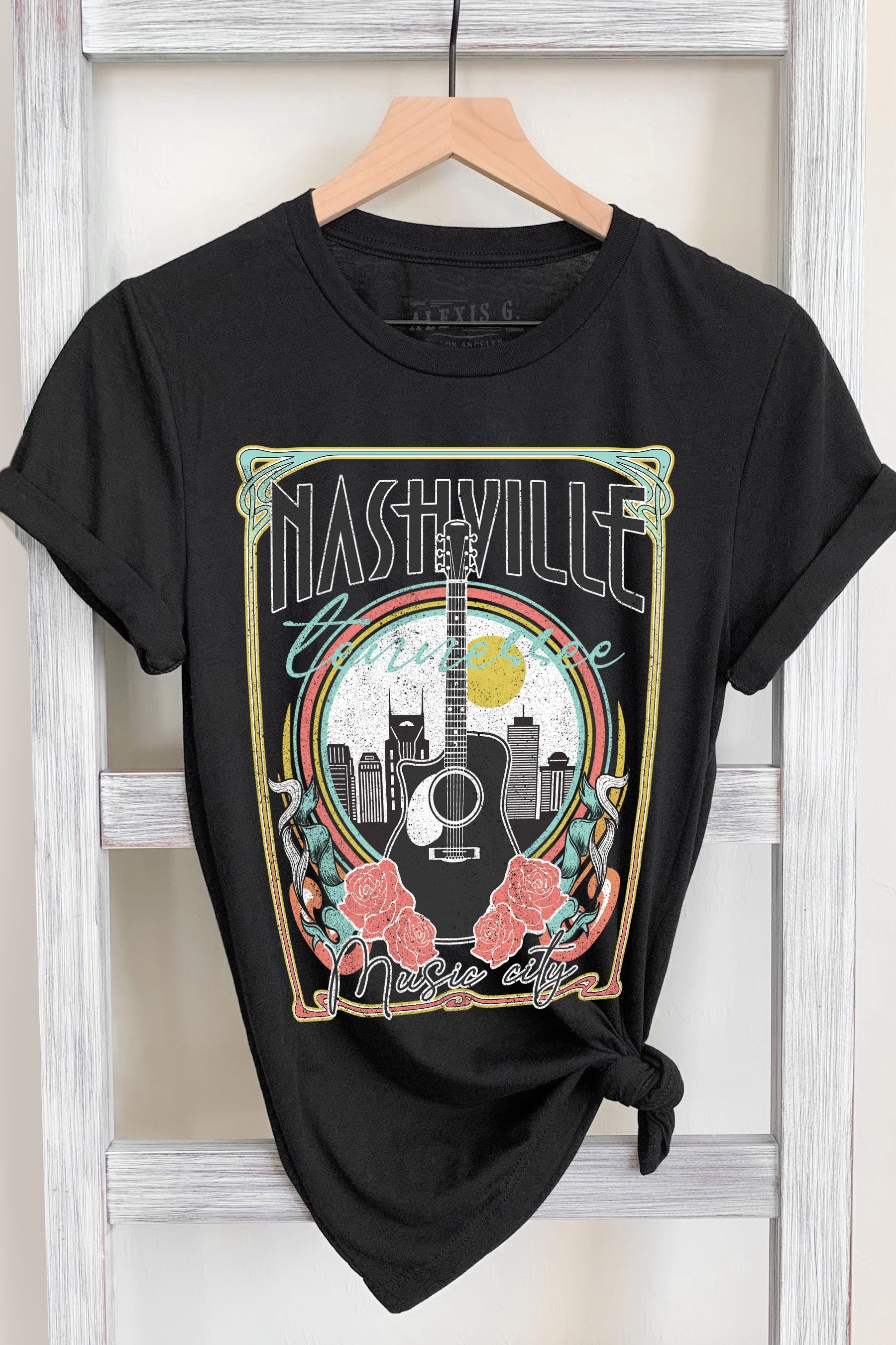 Black Cotton Nashville Graphic Knit Tee - Soft Vintage-Inspired T-Shirt for Men & Women | Perfect for Casual Wear, Concerts, and Street Style Outfits
