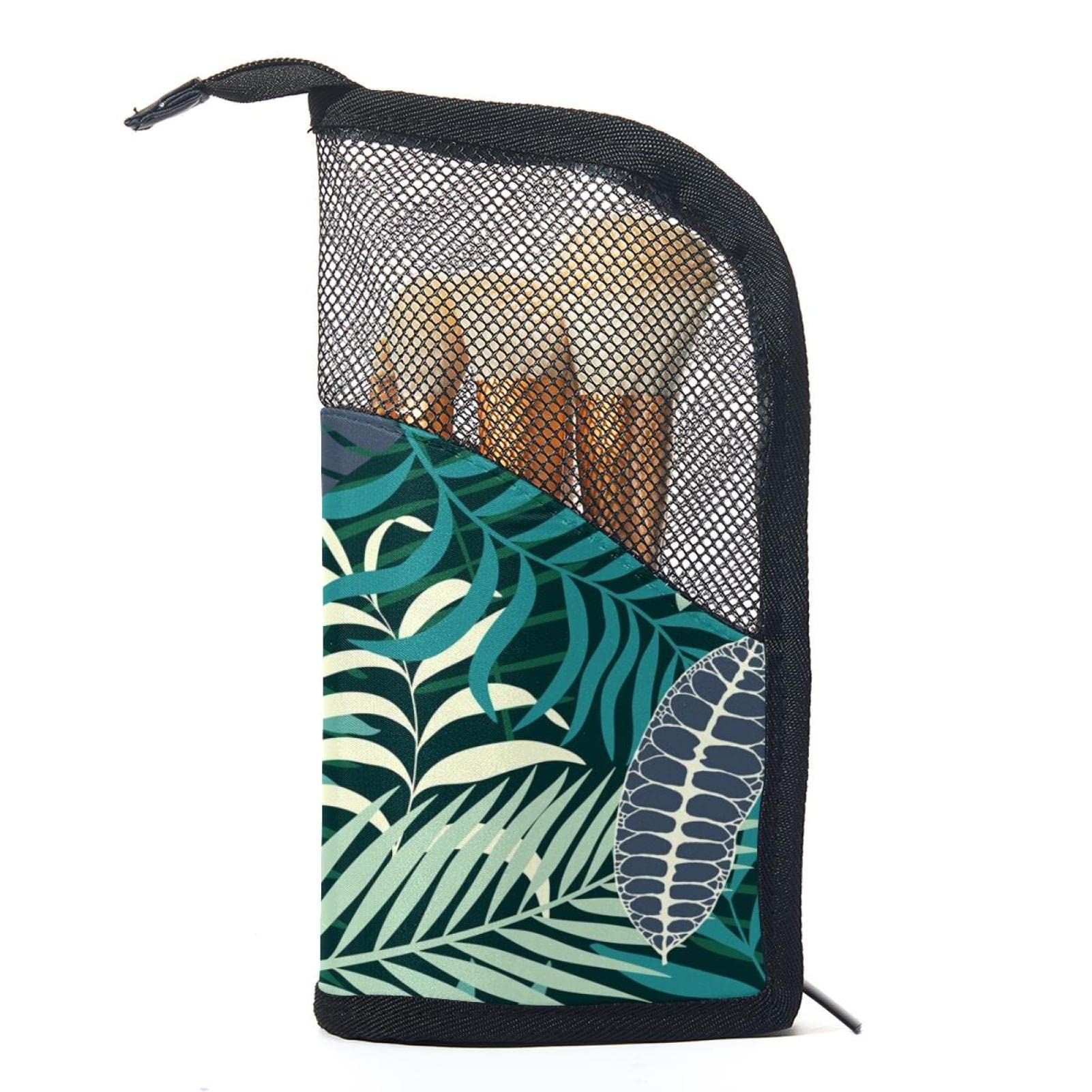 Premium 12-Slot Makeup Brush Organizer Bag - Tropical Leaves Green & Gray Portable Travel Case | Perfect for Makeup Artists, Travel & Home Storage