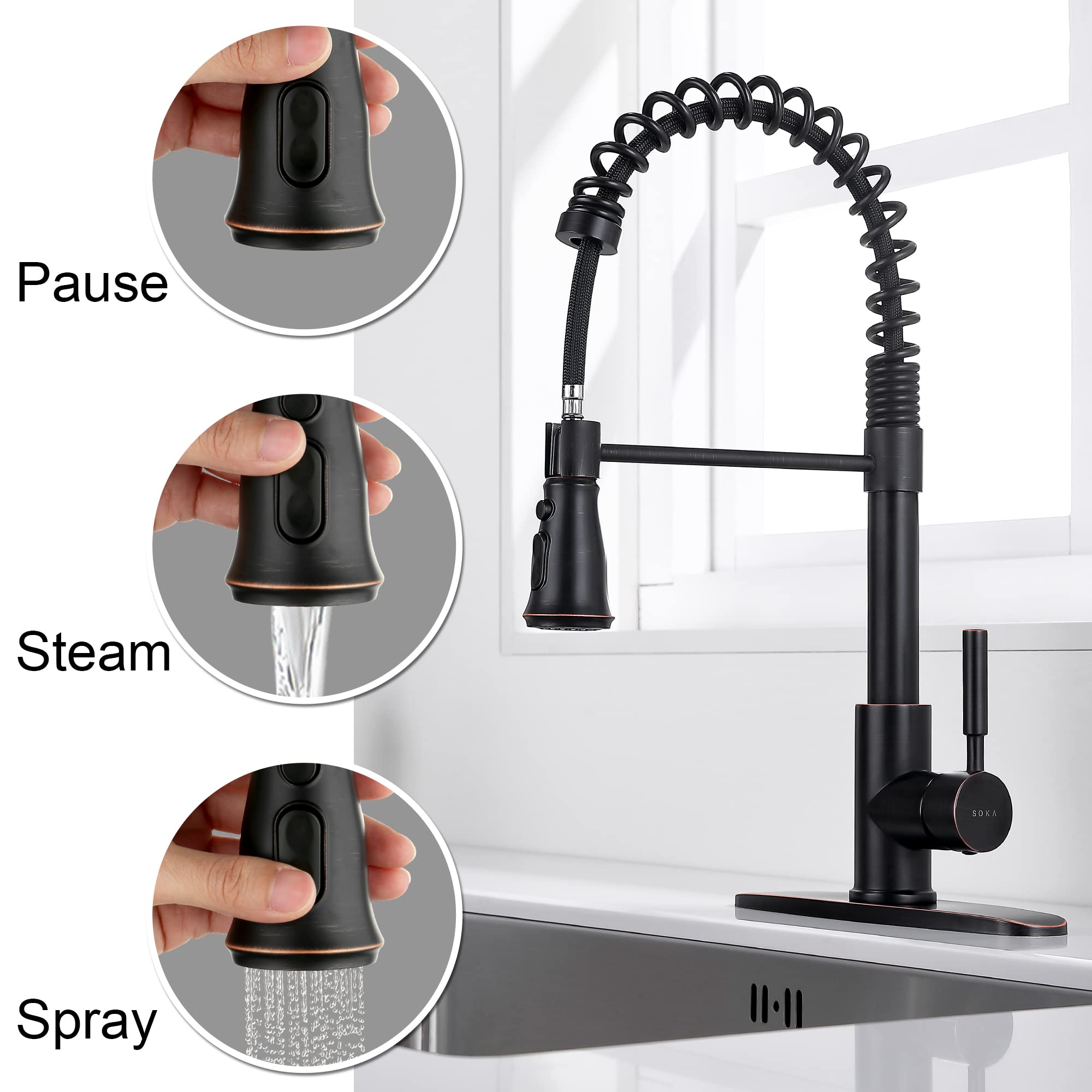 Oil Rubbed Bronze Commercial Kitchen Faucet with Pull Down Sprayer - Single Handle Modern RV Faucet with Deck Plate - 3 Function Laundry Sink Faucet for Restaurants, Food Trucks & Home Kitchens