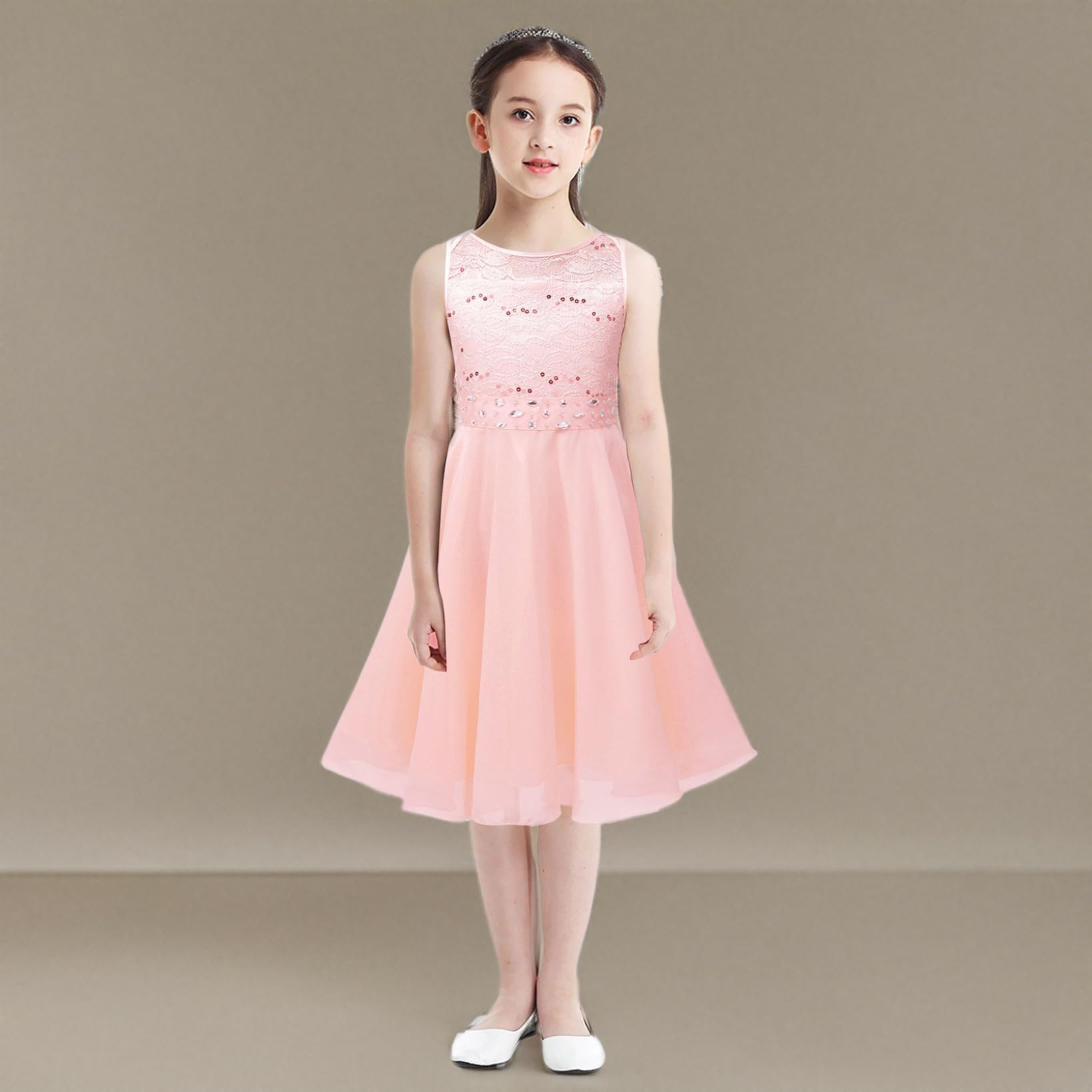 **Hansber Big Girls Sequined Lace Chiffon Sleeveless Flower Girl Dress – Elegant Pageant, Wedding & Party Gown for Special Occasions**
