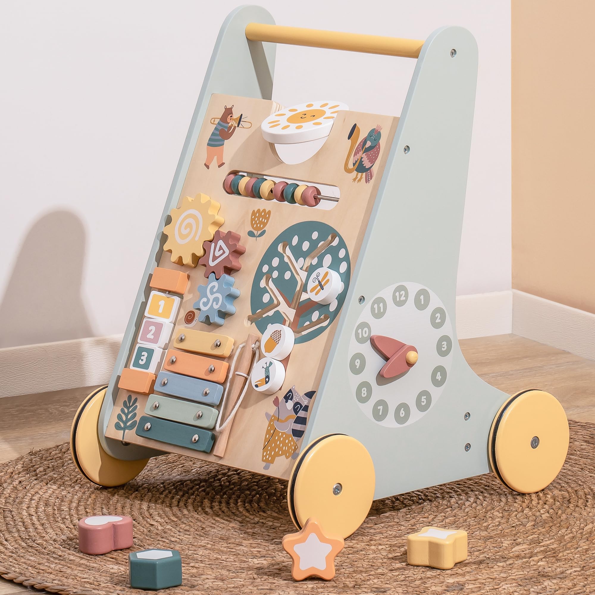 ROBOTIME Wooden Baby Walker Push Toy with Wheels - Montessori Learning Walking Assistant for Toddlers Boys & Girls - Perfect for First Steps & Indoor Playtime
