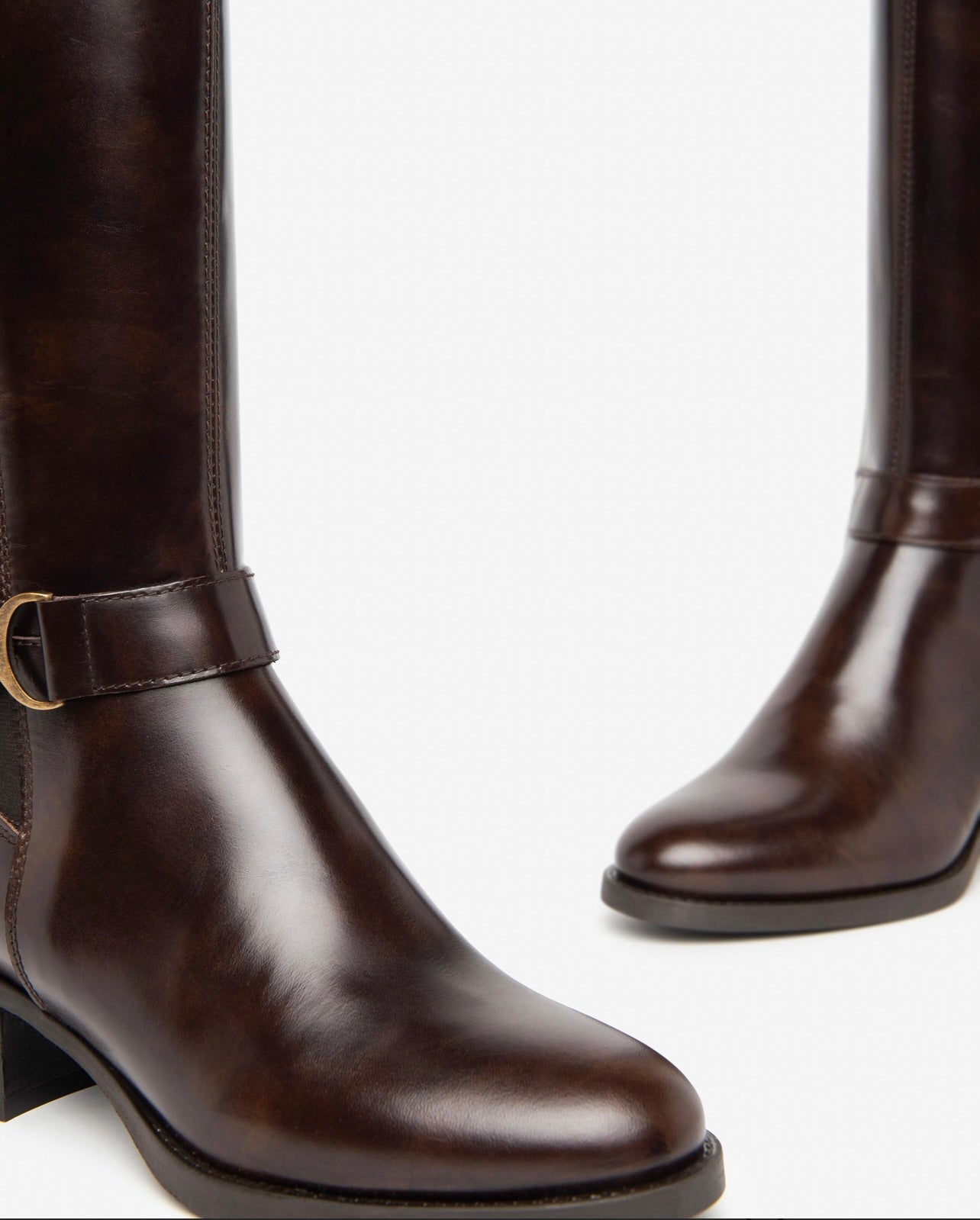 Brown Genuine Leather Stretch Buckle Knee High Boots for Women - Comfortable & Stylish Winter Fashion Booties for Office, Party & Night Out