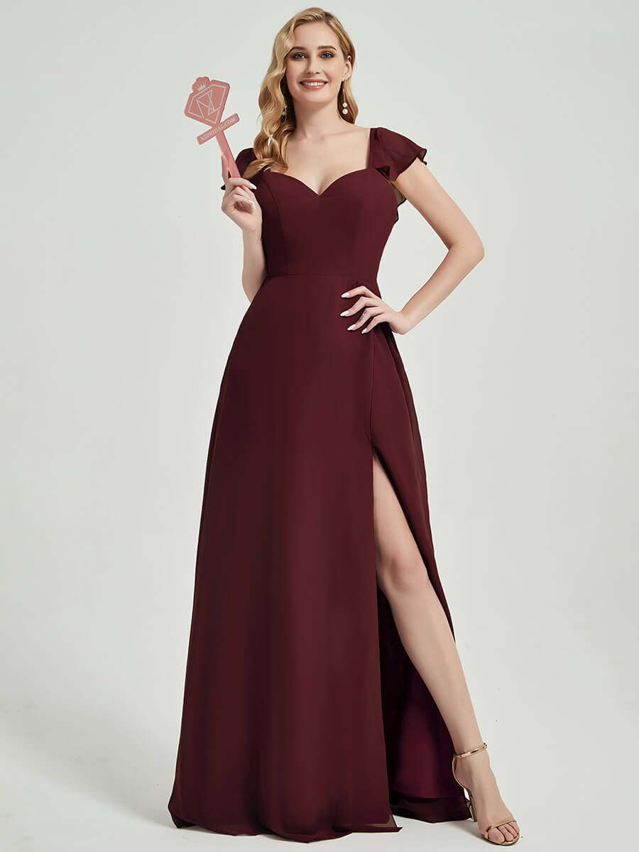 Elegant Burgundy Ruffle Cap Sleeve Floor Length Bridesmaid Dress With High Slit - Perfect for Weddings, Formal Events & Evening Parties