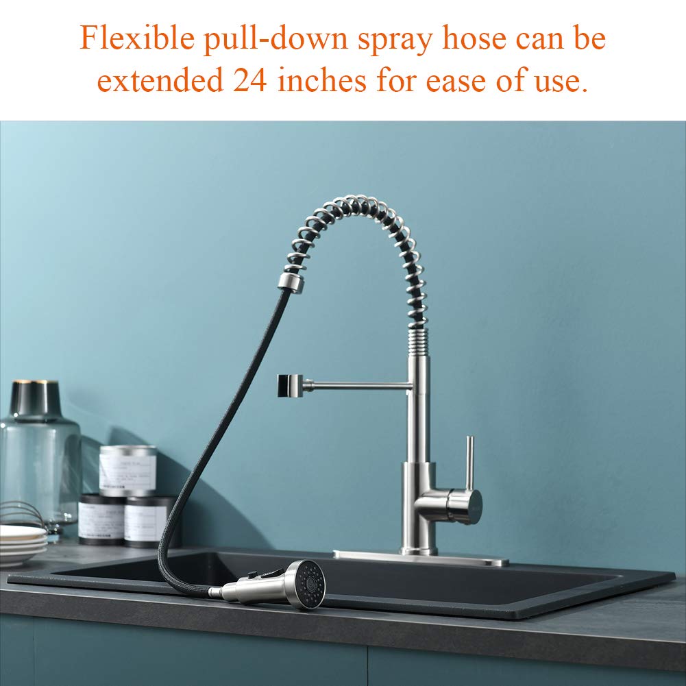 RULIA Brushed Nickel Pull-Down Kitchen Faucet with Spring - Stainless Steel Sink Faucet for Bar & Home Kitchen (Model RB1027) | Perfect for Modern Cooking & Dishwashing