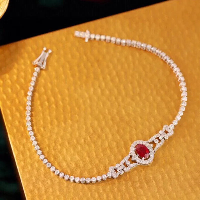 18K Solid White Gold Diamond & Natural Ruby Tennis Bracelet for Women | Elegant Fairy Design | Perfect Gift for Anniversaries, Weddings & High-Class Banquets