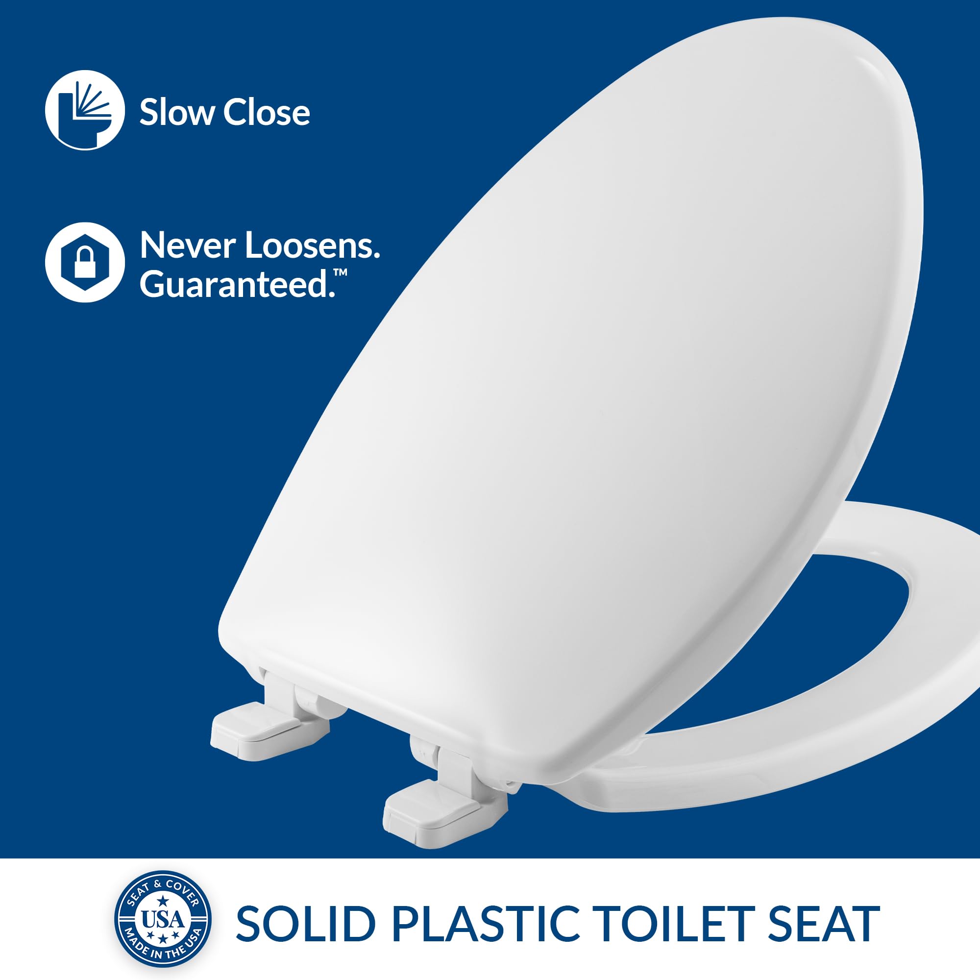 Mayfair Caswell Modern Elongated Toilet Seat with Soft Close - Easy to Clean White Plastic Bathroom Toilet Seat - Perfect for Home, Office, and Commercial Use