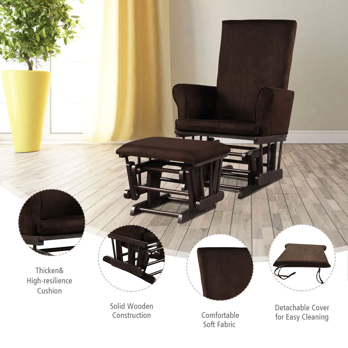 Costzon Baby Glider and Ottoman Set - Wooden Nursery Rocking Chair with Cushions for Nursing, Napping & Reading - Upholstered Hoop Glider with Padded Armrests & Matching Ottoman (Brown) - Perfect for Nursery Rooms, Bedrooms & Breastfeeding Spaces