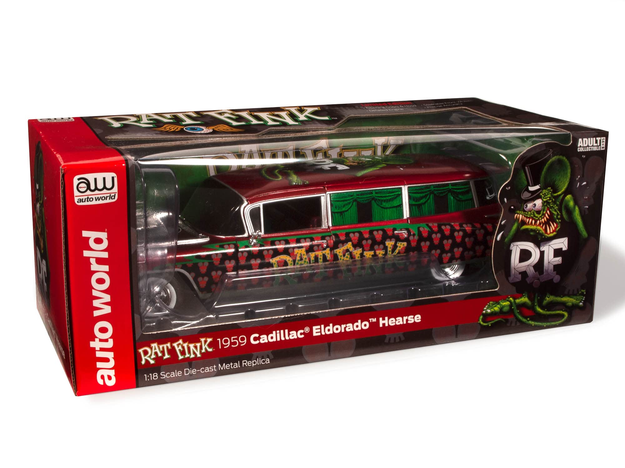 1959 Cadillac Eldorado Hearse Rat Fink 1:18 Scale Diecast Model Car by Auto World - Vintage Collectible for Display, Gifts & Car Enthusiasts