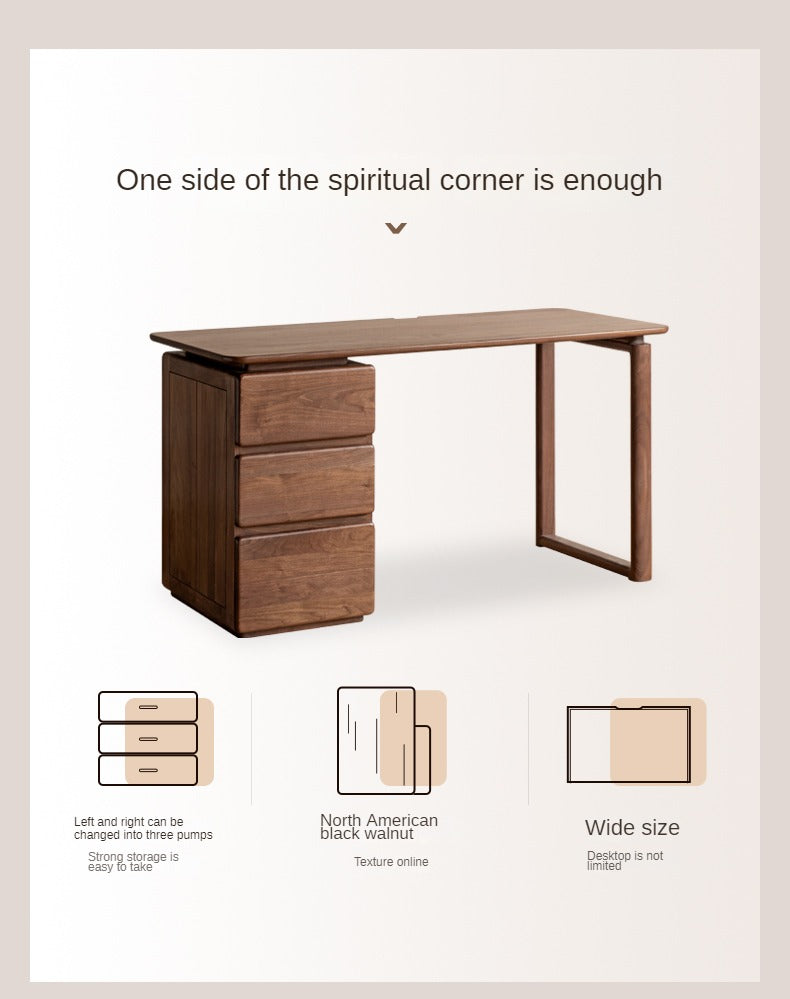 Premium Black Walnut & Ash Solid Wood Desk with 3 Drawers - Modern Home Office Writing Table for Study, Work & Remote Workspace