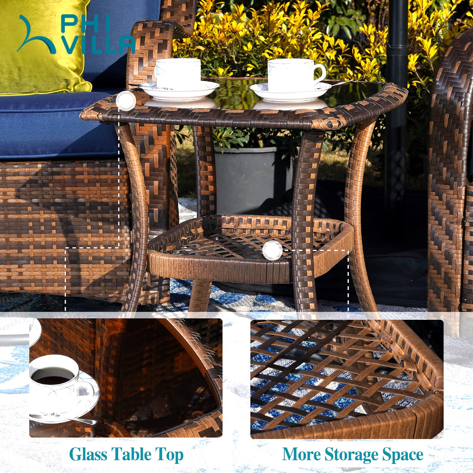 PHI VILLA 4-Piece Outdoor Swivel Rocker Chair Set with Square Gas Fire Pit Table - Wicker Patio Furniture for Garden, Deck, Porch & Backyard - Navy Blue - Perfect for Entertaining, Relaxing & Outdoor Gatherings