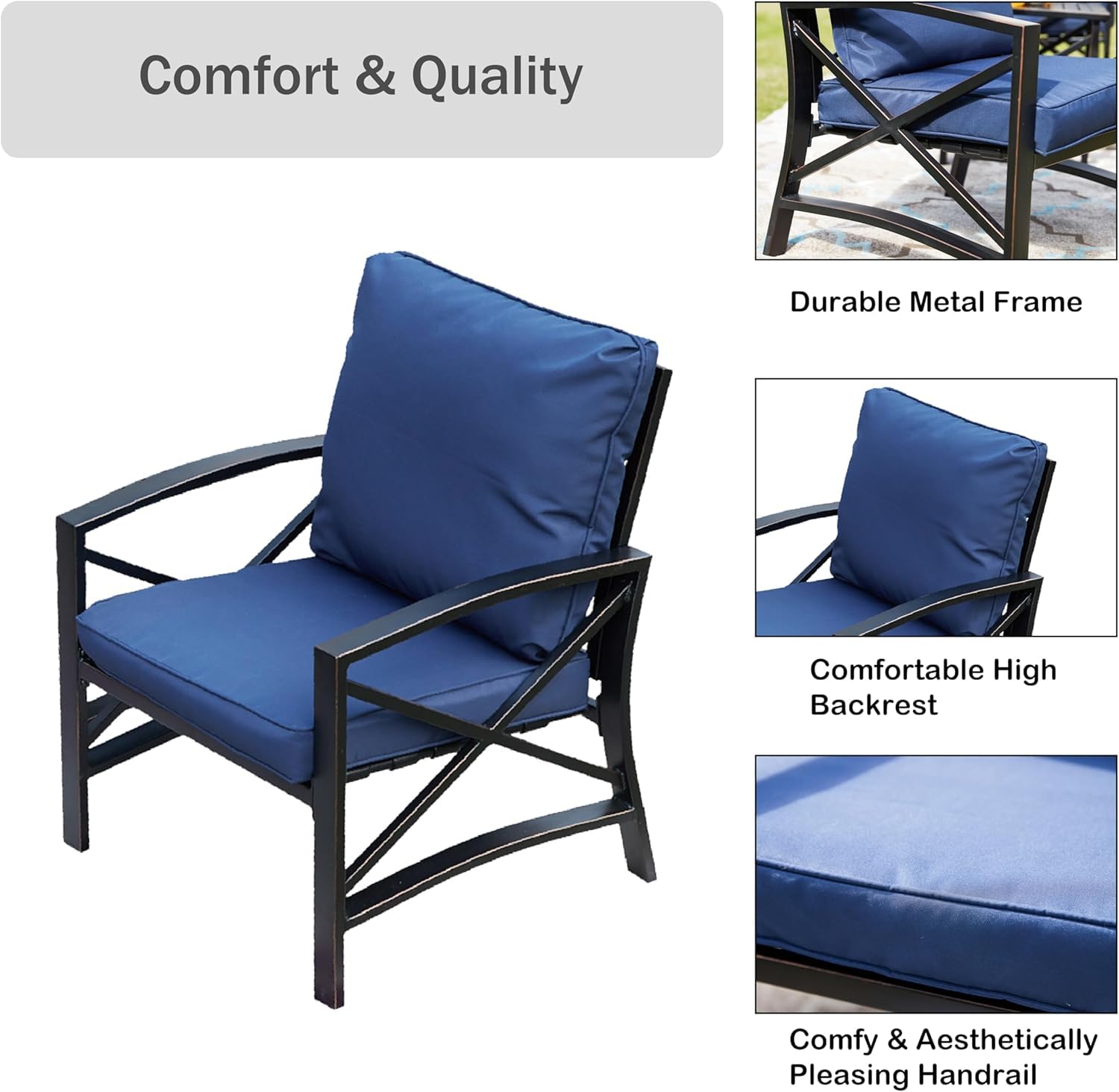 LOKATSE HOME 3-Piece Outdoor Patio Furniture Set - Metal Bistro Chairs with Cushions & Table in Blue | Perfect for Garden, Backyard, Poolside & Balcony Relaxation