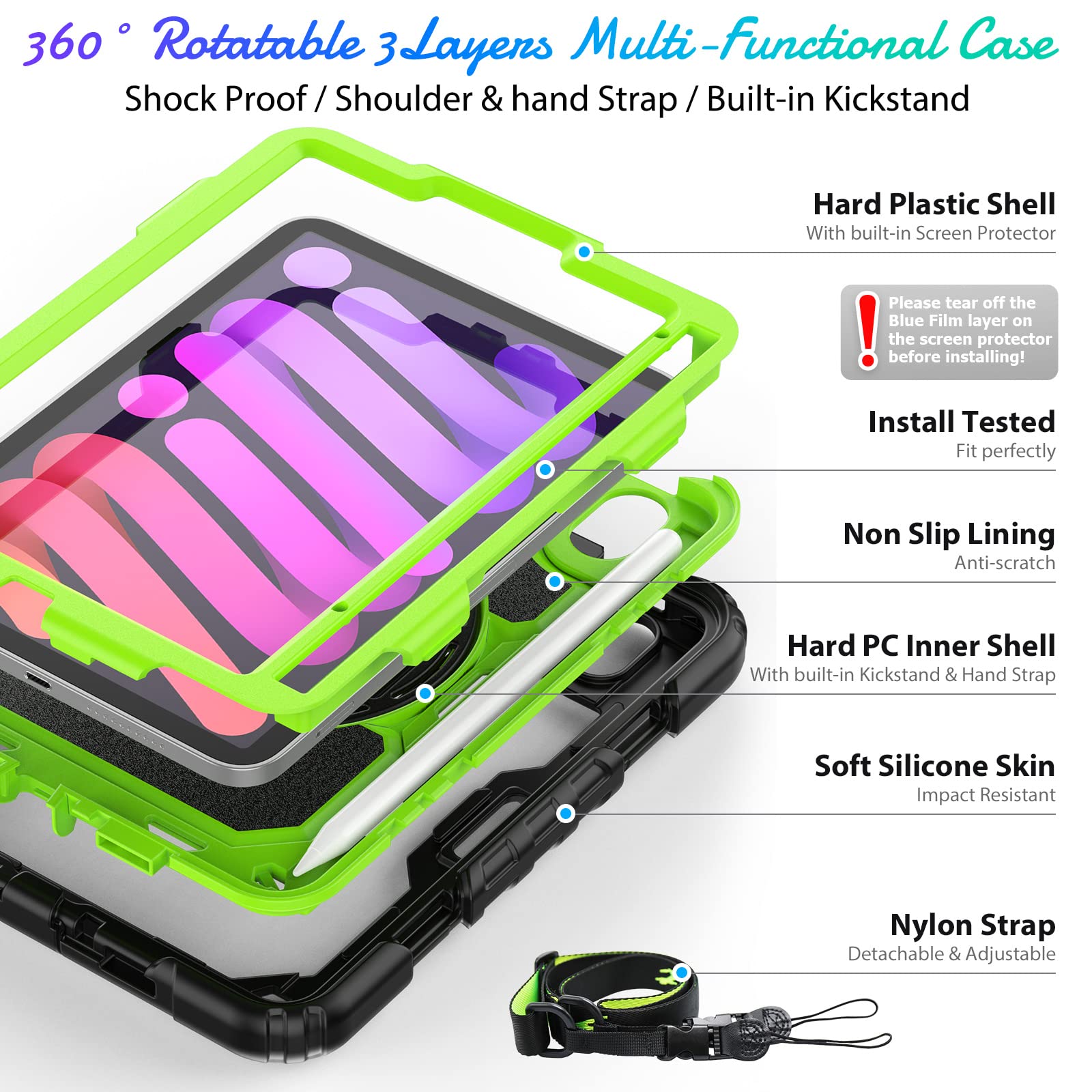 Timecity iPad Mini 7/6 Case with Screen Protector - 360° Rotating Stand, Pencil Holder & Adjustable Shoulder Strap - Shockproof Protective Cover for iPad Mini 7th/6th Generation 8.3