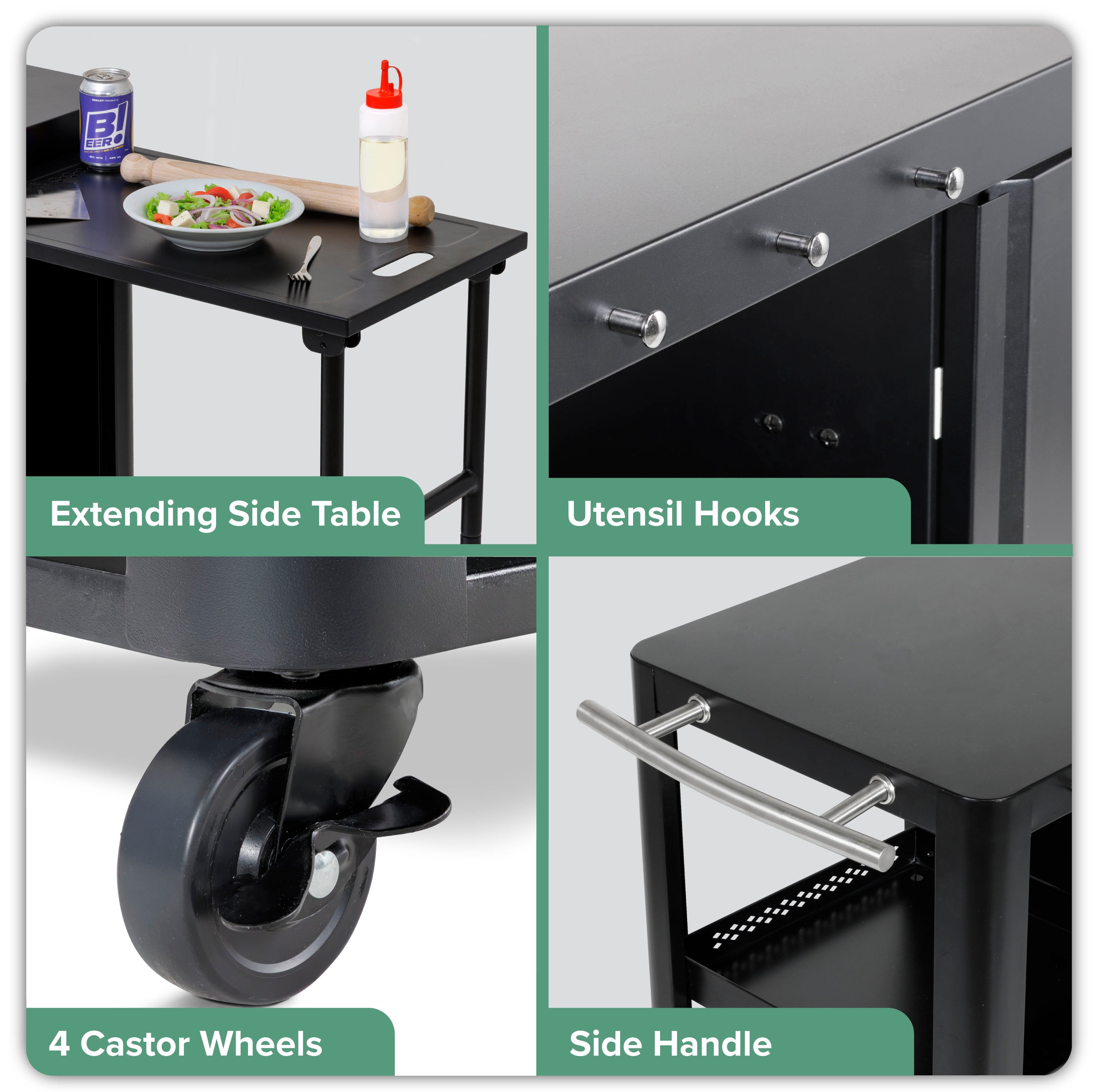 Premium BBQ Grill Cart with Storage Cabinet, Extendable Side Table & Utensil Hooks - Heavy Duty Outdoor Cooking Station for Patio, Backyard & Camping - Black (Model DG282)