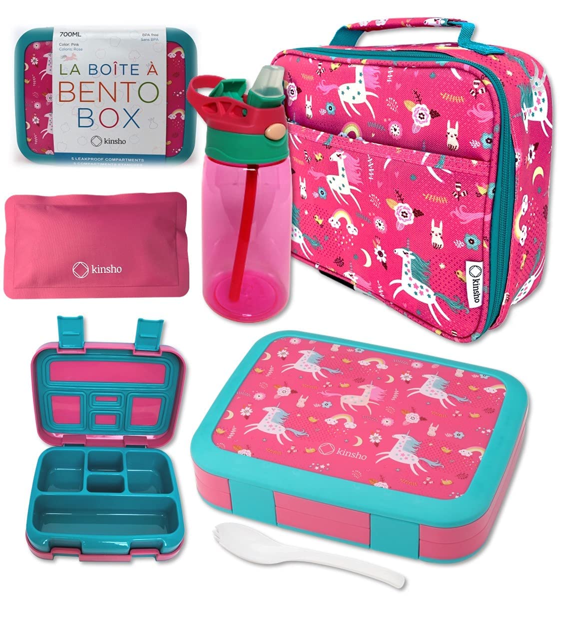 Insulated Bento Lunch Box for Kids with 5 Compartments, BPA-Free Removable Tray & Ice Pack - Unicorn Design for School, Daycare & Travel | Includes Water Bottle & Snack Container | Perfect for Preschoolers & Toddlers