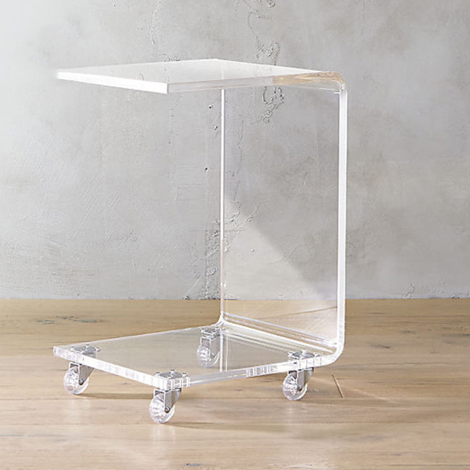 Clear Acrylic C-Shaped Rolling Side Table with Wheels - Portable End Table for Snacks, Coffee, Notebook & Tablet - Perfect for Bed, Sofa & Living Room Use