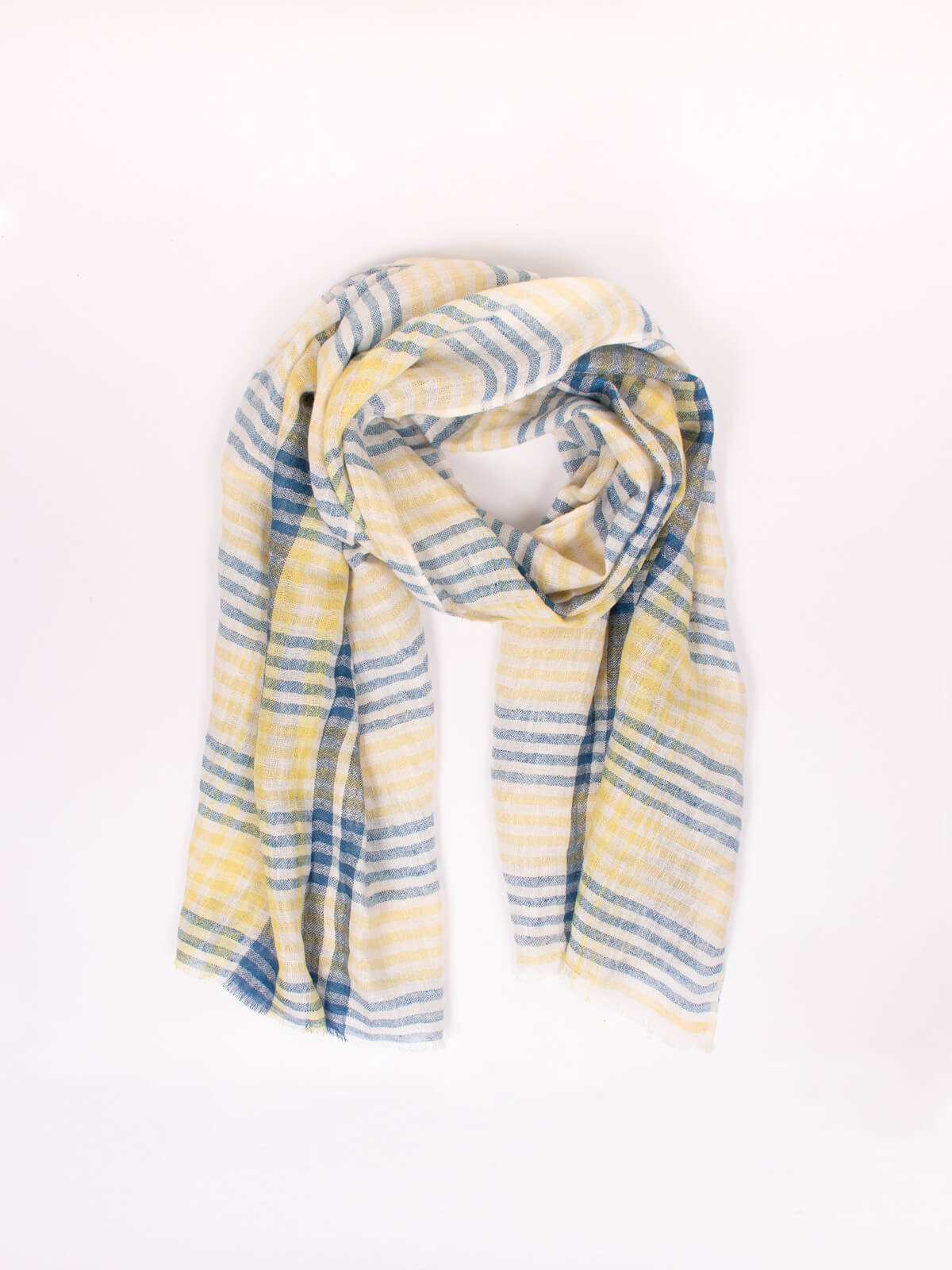 Stylish Linen Scarf - Indigo & Lemon Check Pattern - Perfect for Spring Outfits, Travel Accessories, and Casual Fashion