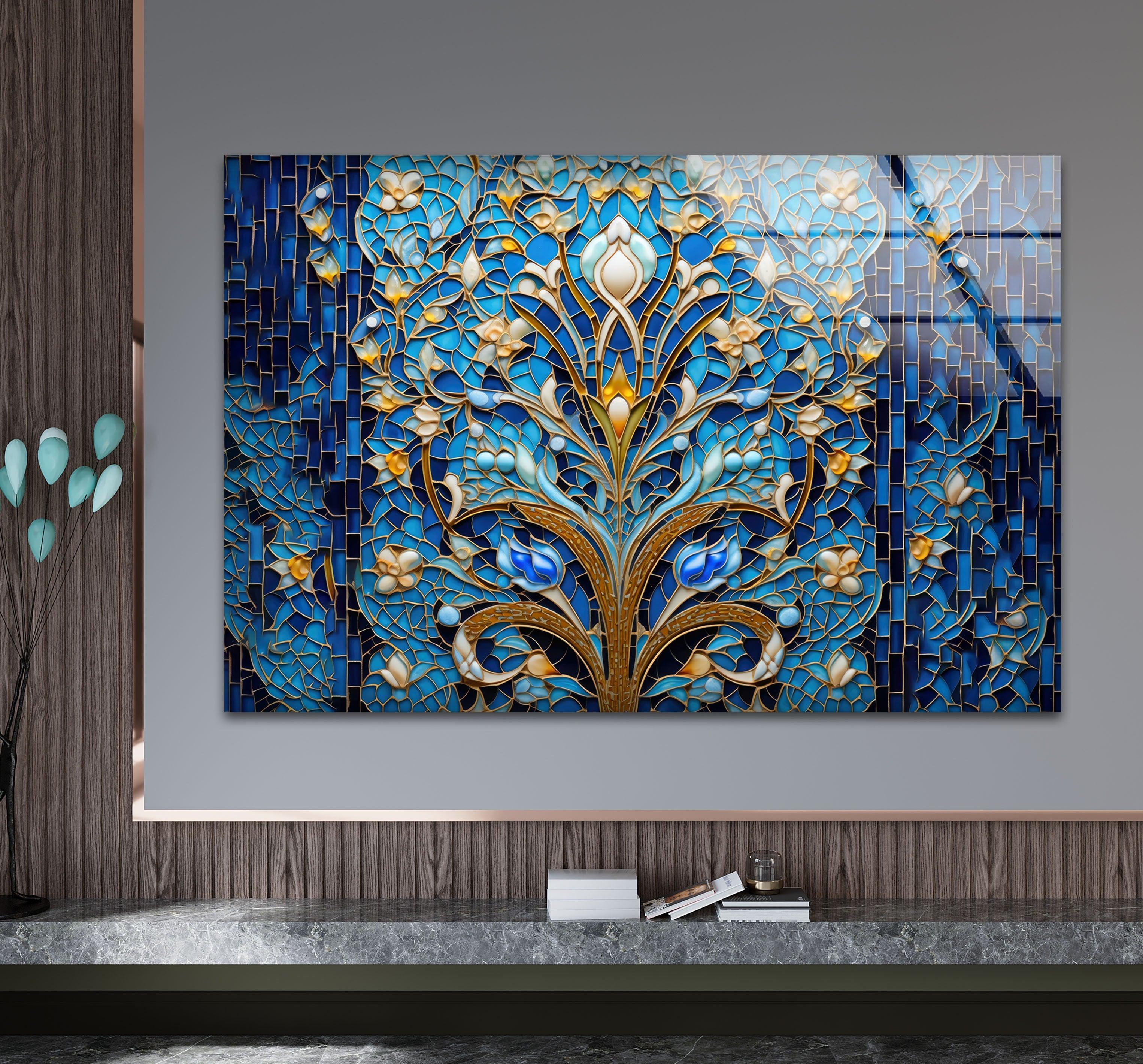 Handmade Blue Mosaic Stained Glass Wall Art - Elegant Home Decor for Living Room, Bedroom & Office - Perfect Gift for Housewarming & Wedding