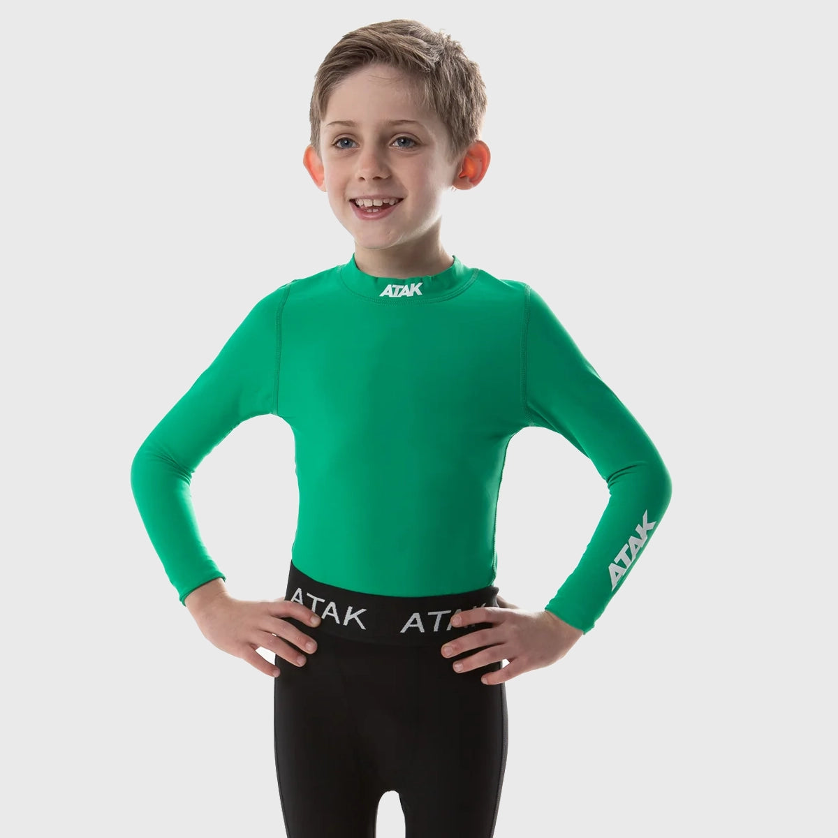 ATAK Sports Kids' Long Sleeve Compression Shirt - Moisture Wicking Athletic Top for Boys & Girls - Green Performance Wear for Running, Soccer & Outdoor Activities
