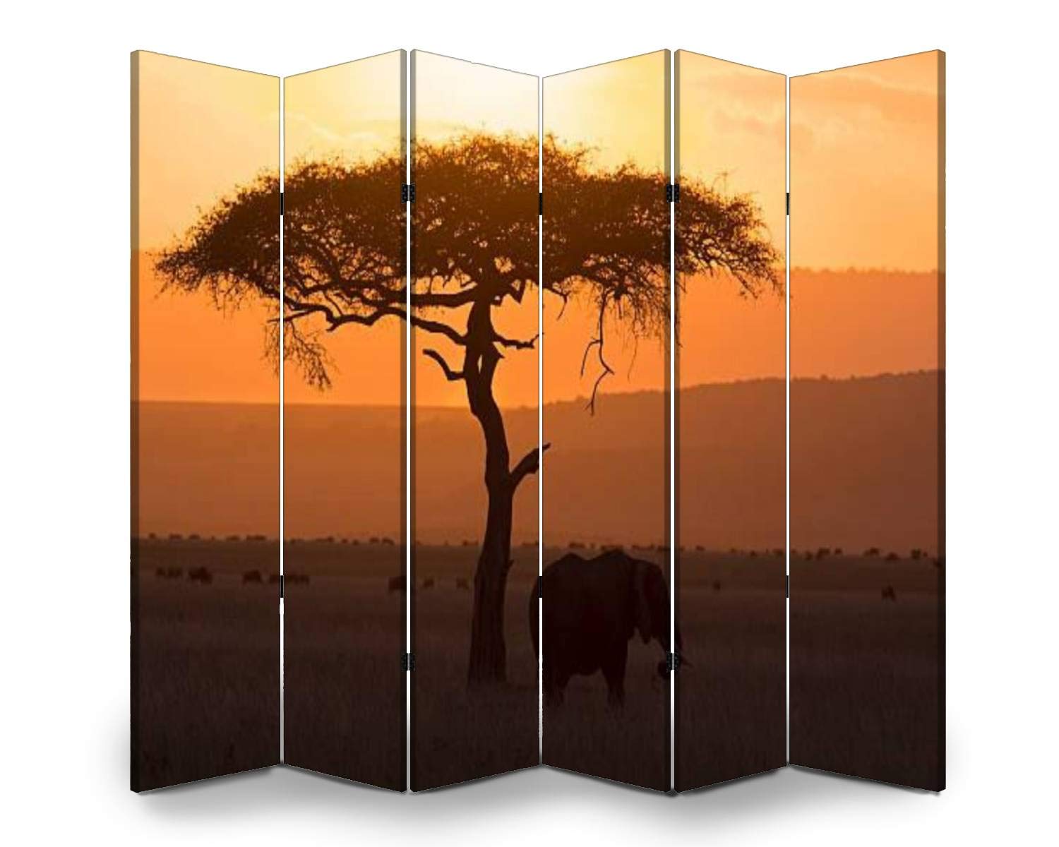 APED DECOR 6-Panel Wooden Room Divider with Elephant & Acacia Design - Folding Privacy Screen, Dual-Sided Canvas Partition for Home & Office - Perfect for Bedroom Separation, Living Room Decor, and Indoor Space Division