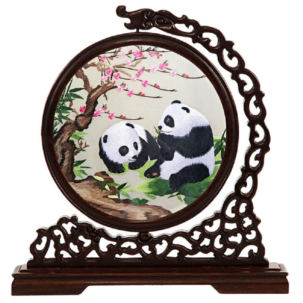 WEALTHCOMING Double-Sided Silk Embroidery Art - Panda Painting Circle Design for Home & Office Decor | Elegant Wall Hanging for Living Room, Bedroom, or Gift