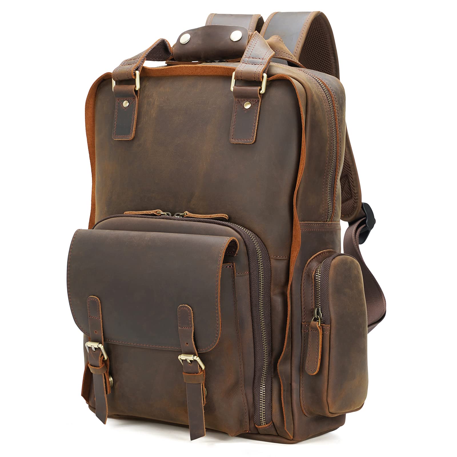 Polare Large Vintage Full Grain Italian Leather Backpack - 15.6 Inch Laptop Bag for Men, Durable Hiking & Travel Rucksack with Premium YKK Zippers, Dark Brown - Perfect for Work, Commuting, Outdoor Adventures & College Campus Use