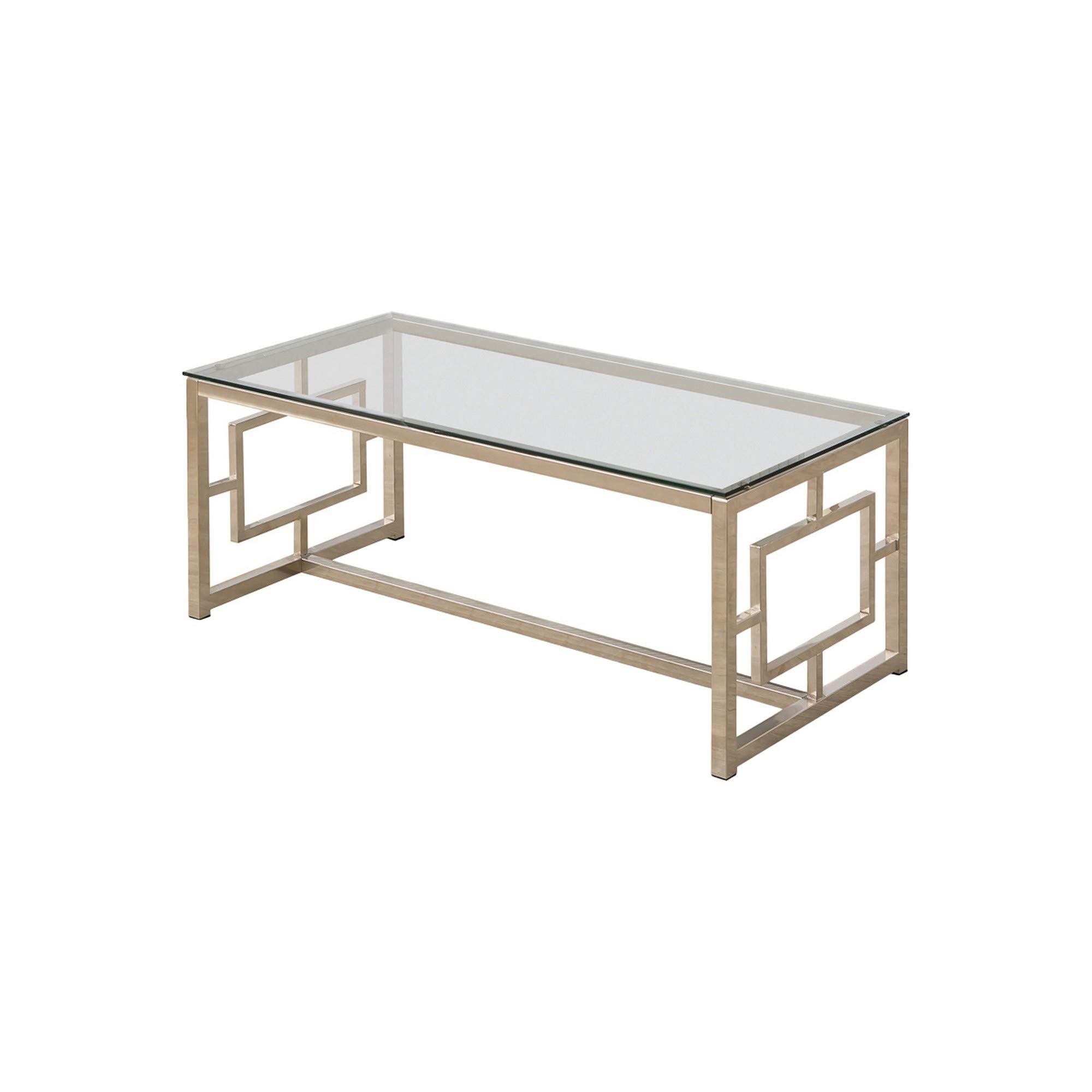 Benjara Silver & Clear Tempered Glass Coffee Table with Lattice Cut-Outs - Modern Living Room Furniture for Home & Office Decor