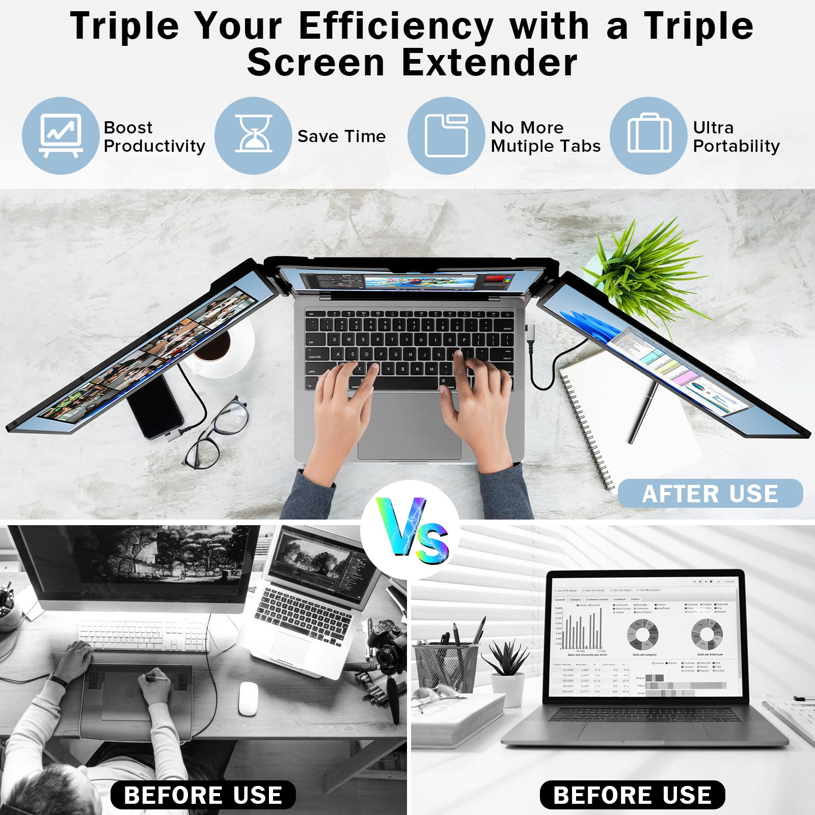 14 Inch Triple Portable Laptop Monitor Extender - 1080p FHD IPS Screen, Plug & Play USB-C/HDMI for Windows & Mac (13-17.3 Inch) - Perfect for Multi-Tasking, Gaming & Office Work