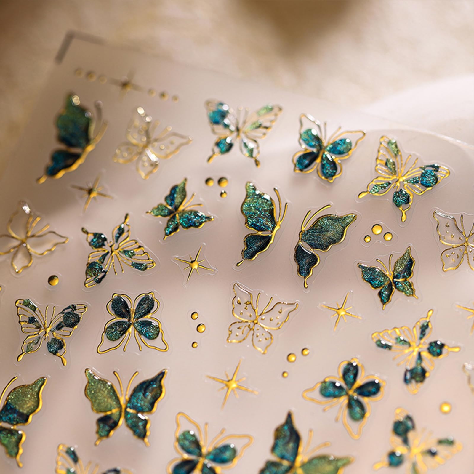 5D Self-Adhesive Green Butterfly Nail Art Stickers - Gold Edge Embossed Nail Decals with Glitter for Women & Girls | Perfect for Nail Art, Manicures, Parties & Special Occasions