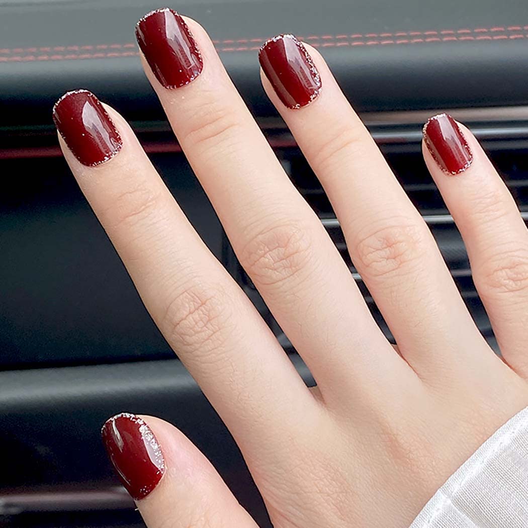 Short Press On Nails Red Square Fake Nails with Glitter & Glossy Finish - Shimmer Acrylic Artificial Nails for Women & Girls (24Pcs) - Perfect for Daily Wear, Parties, and Special Occasions
