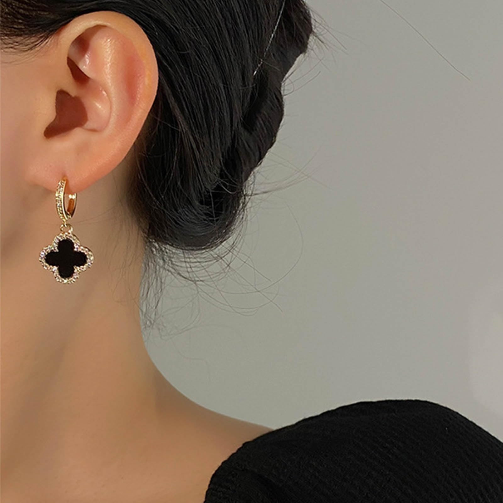 Boho Four Leaf Clover Earrings for Women - Black Crystal Clover Dangle Huggie Hoop Earrings with CZ Stones, Lucky Charm Jewelry Gift for Women and Girls | Perfect for St. Patrick's Day, Parties & Everyday Wear