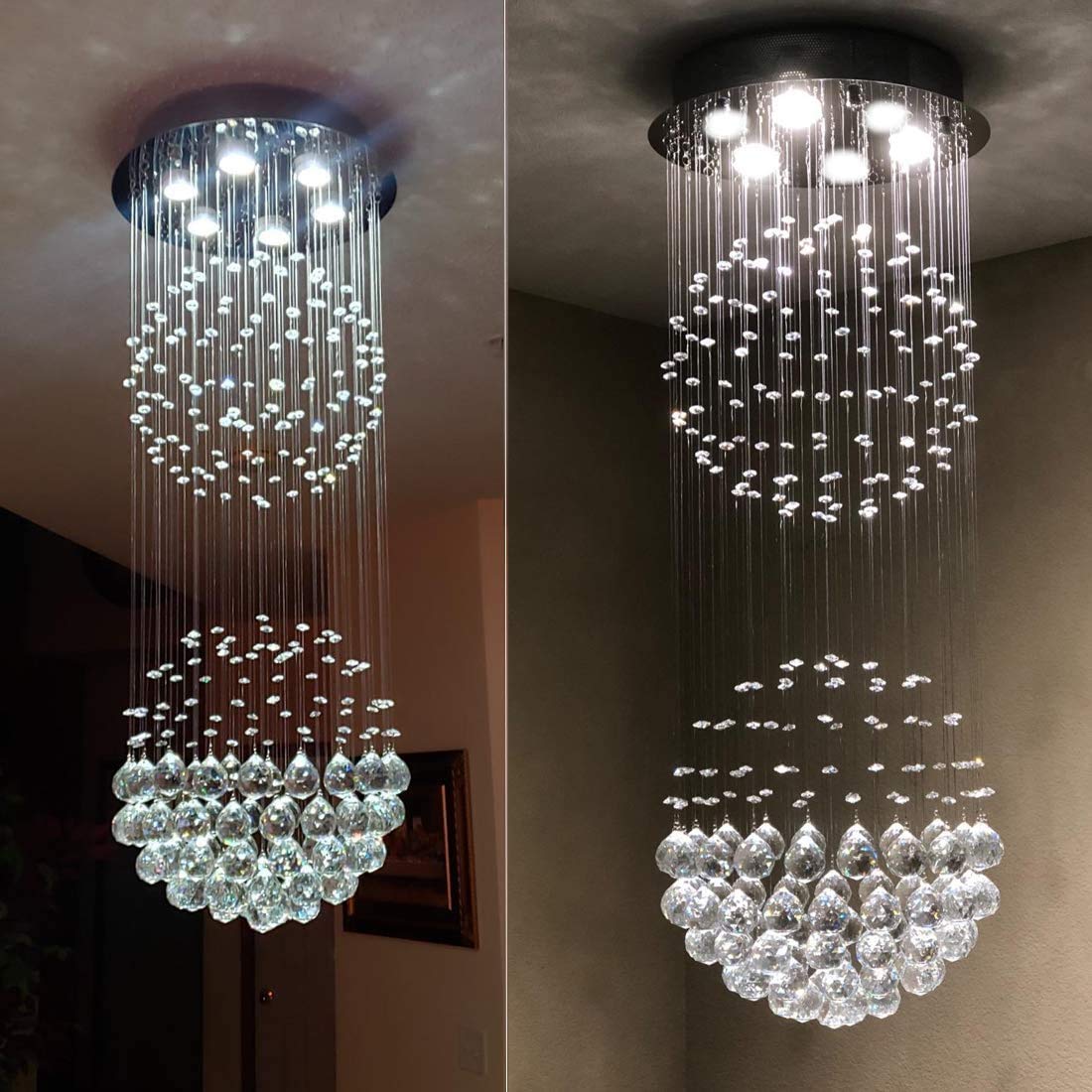Modern 2-Ball Raindrop Crystal Chandelier - Flush Mount Cylinder Ceiling Light Fixture for Dining Room, Living Room, Kitchen, Foyer, Hallway & Bar | Elegant Lighting Solution for Home & Commercial Spaces | CRYSTOP