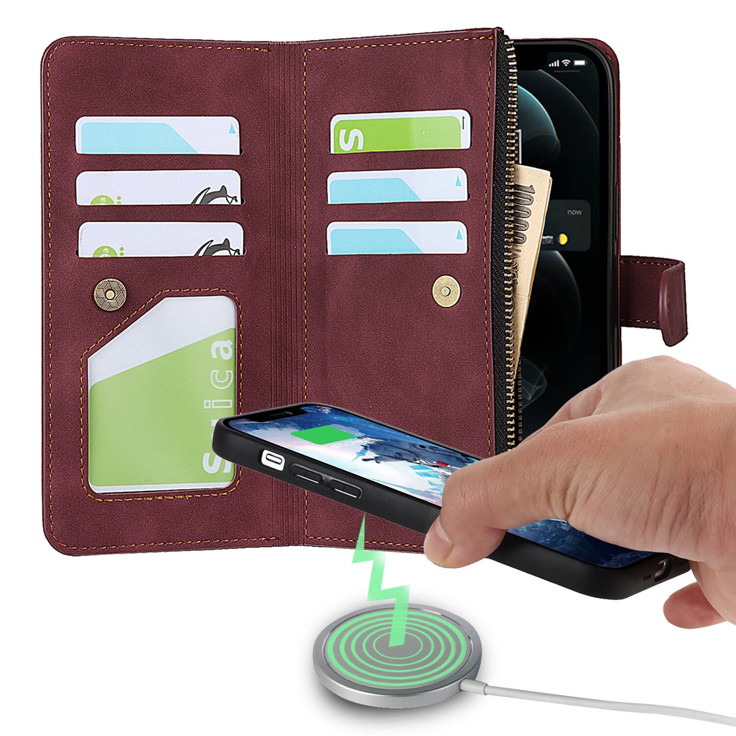 Havaya Detachable Wallet Case for iPhone 13 Pro Max - Flip Folio Zipper Phone Cover with Credit Card Slots & Card Holder (Wine Red) - Perfect for Everyday Use, Travel, and Business Professionals