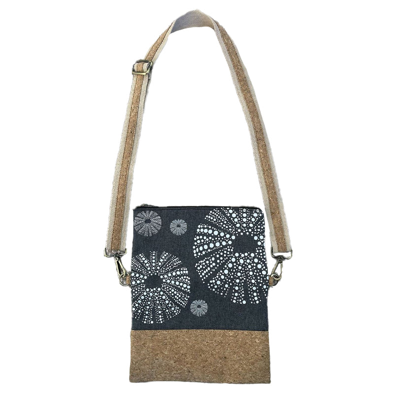 Eco-Friendly Cork Fabric Fold Over Clutch Bag - Kina White on Blue & Dark Grey | Handmade by Jo Luping | Perfect for Travel, Work & Evening Events